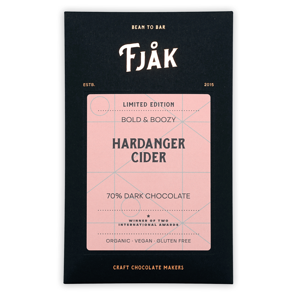 Fjåk Hardanger Cider 70% dark chocolate bar in sleek black package