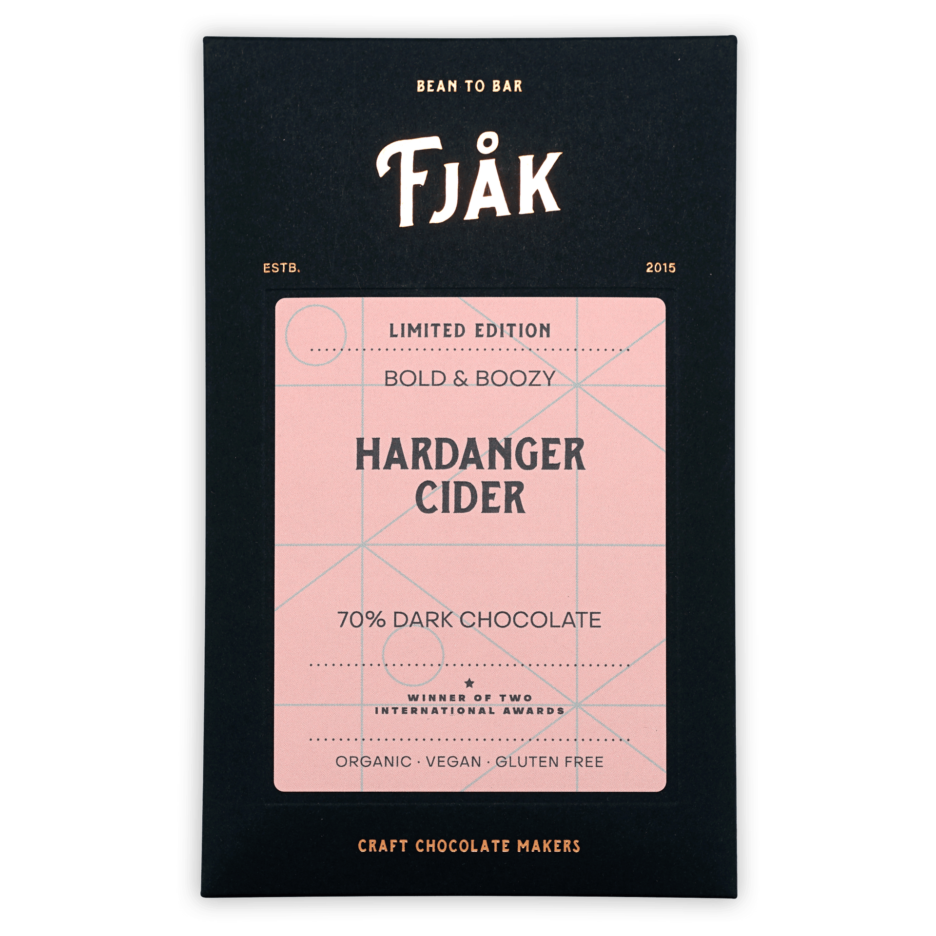 Fjåk Hardanger Cider 70% dark chocolate bar in sleek black package