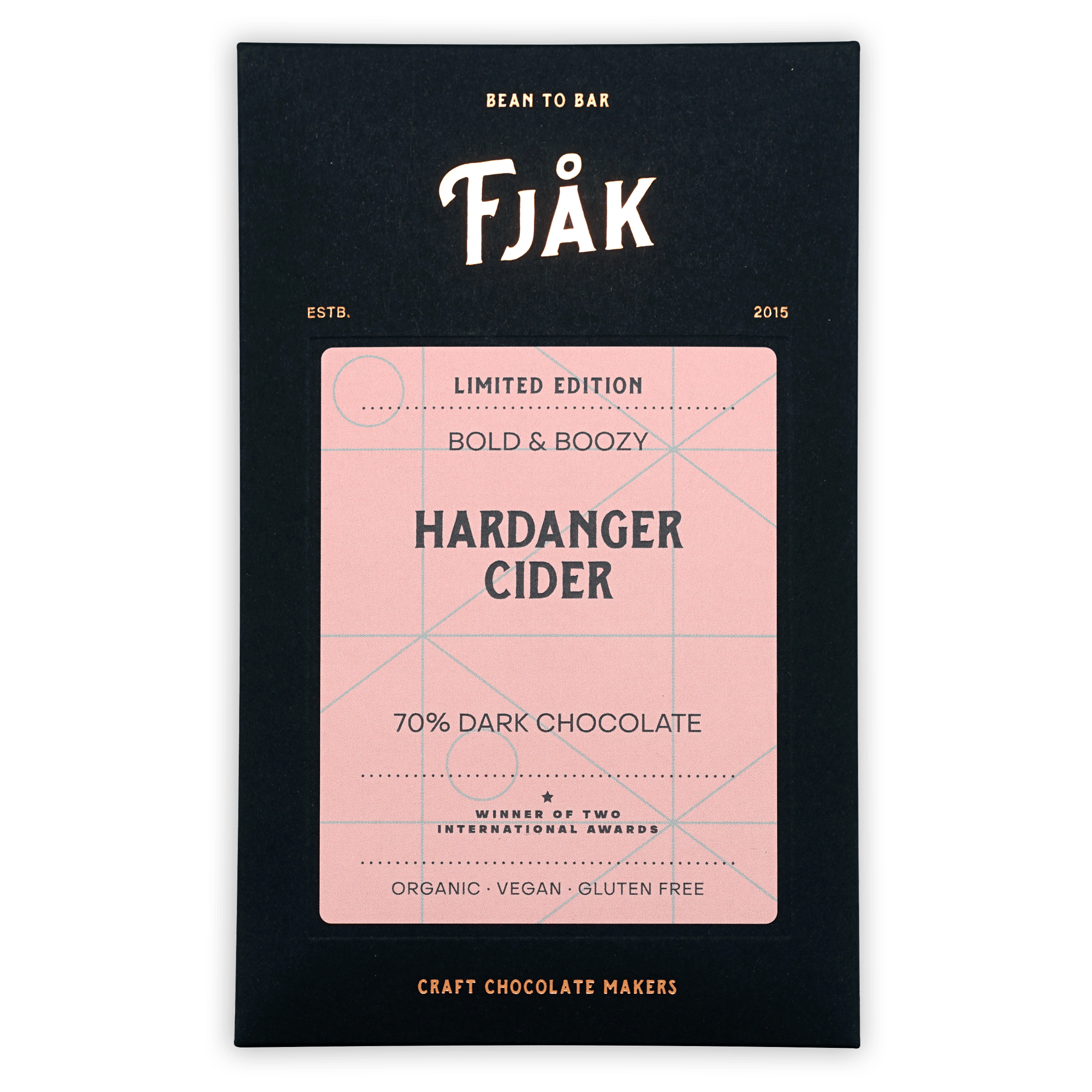 Fjåk Hardanger Cider 70% dark chocolate bar in sleek black package