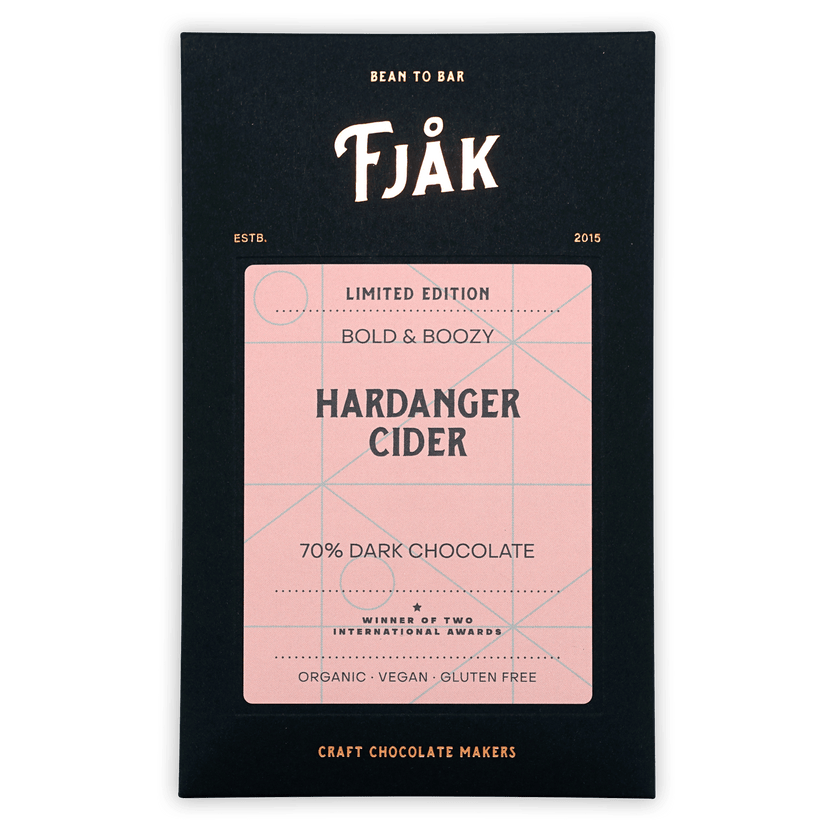 Fjåk Hardanger Cider 70% dark chocolate bar in sleek black package