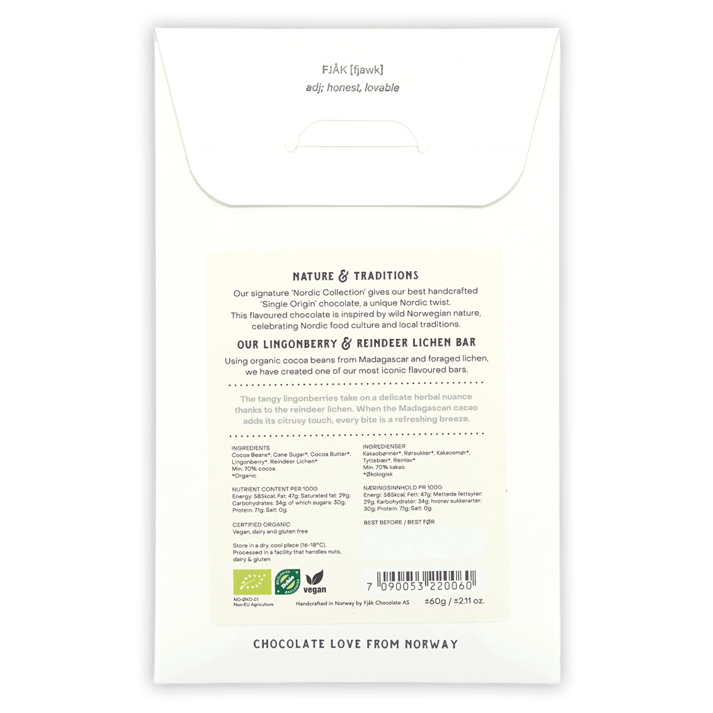 Fjåk Lingonberry & Lichen 70% dark chocolate bar package