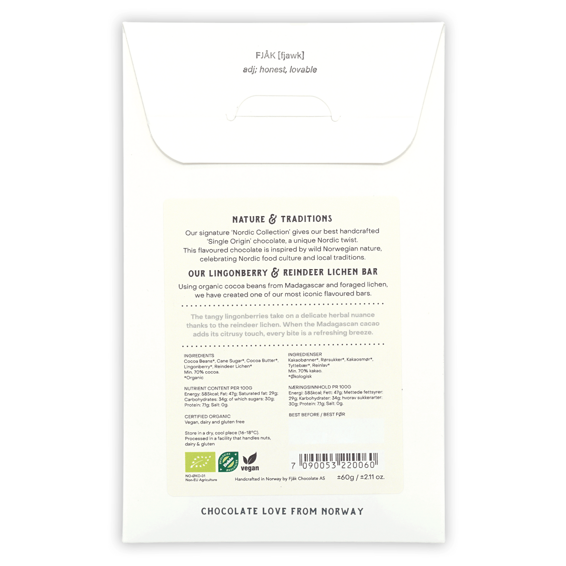 Fjåk Lingonberry & Lichen 70% dark chocolate bar package