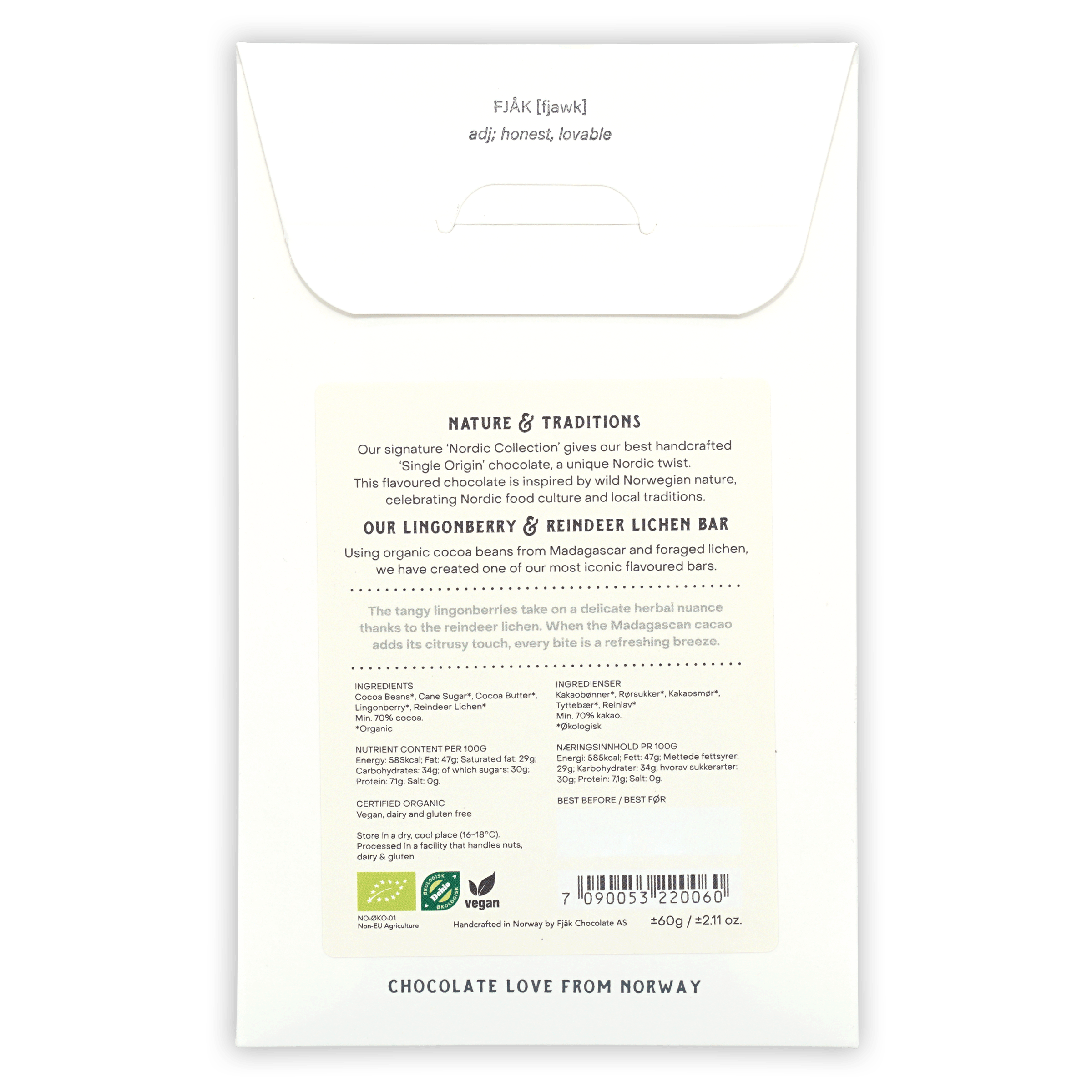 Fjåk Lingonberry & Lichen 70% dark chocolate bar package