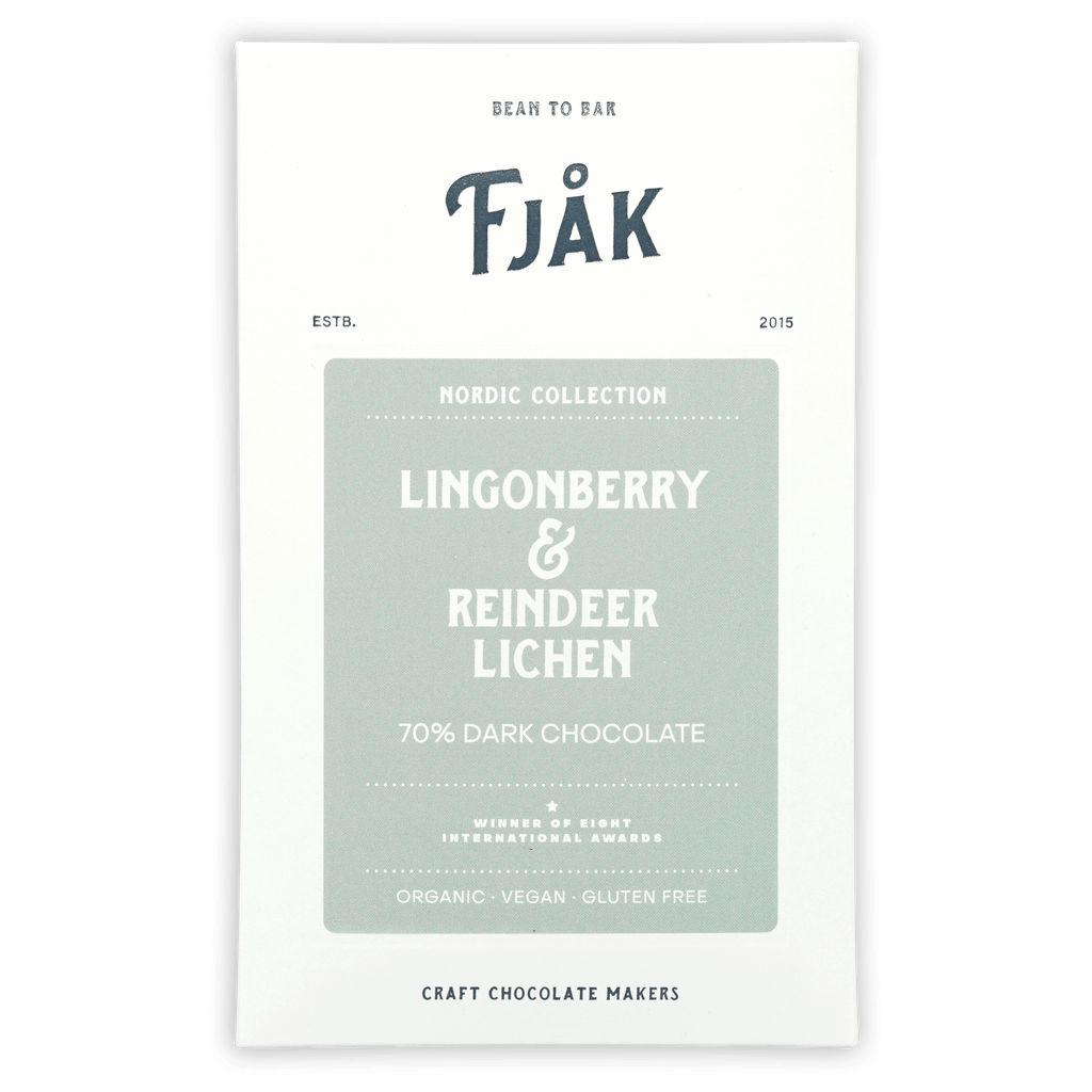 Fjåk Lingonberry & Lichen 70% dark chocolate bar in white wrapper