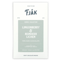 Fjåk Lingonberry & Lichen 70% dark chocolate bar in white wrapper