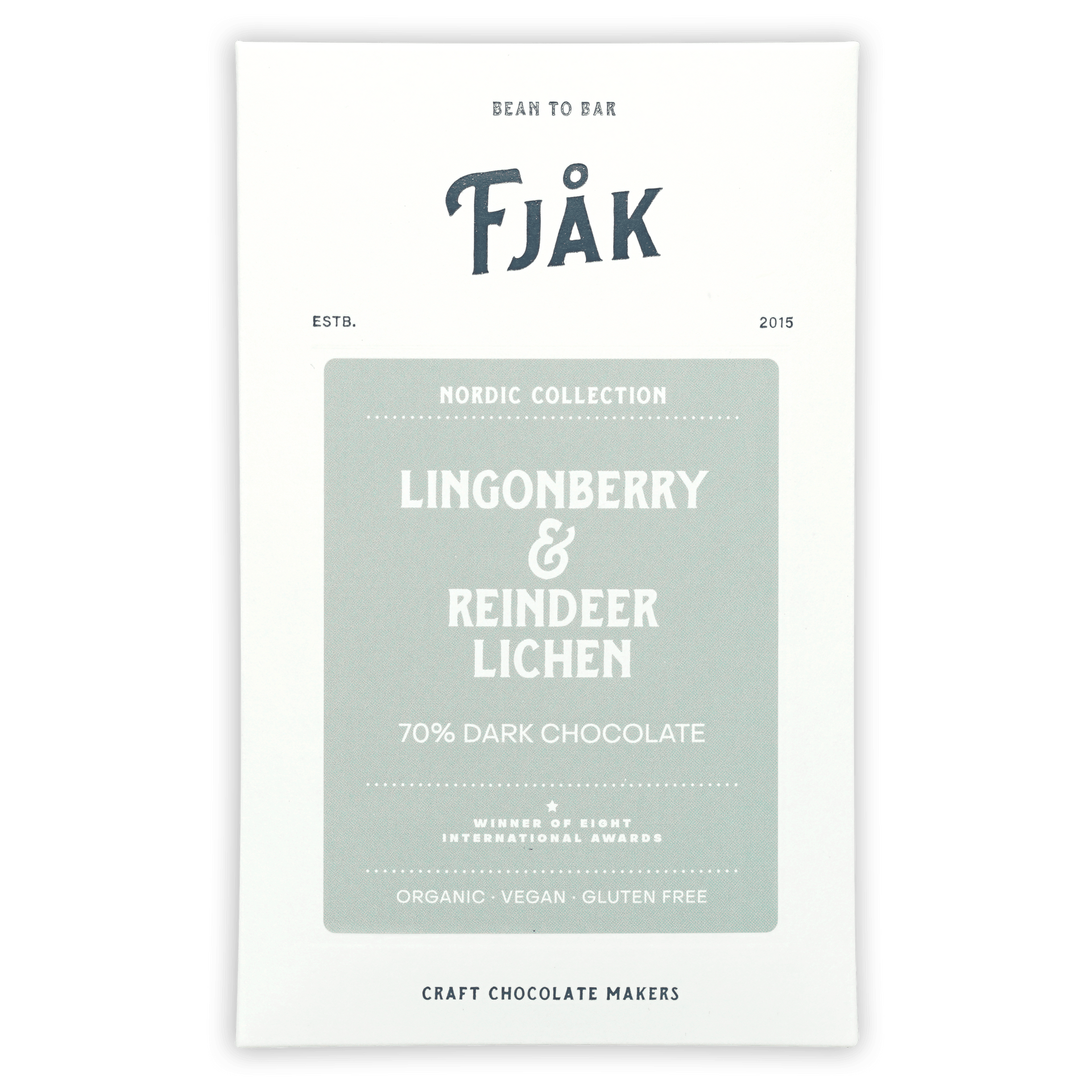 Fjåk Lingonberry & Lichen 70% dark chocolate bar in white wrapper