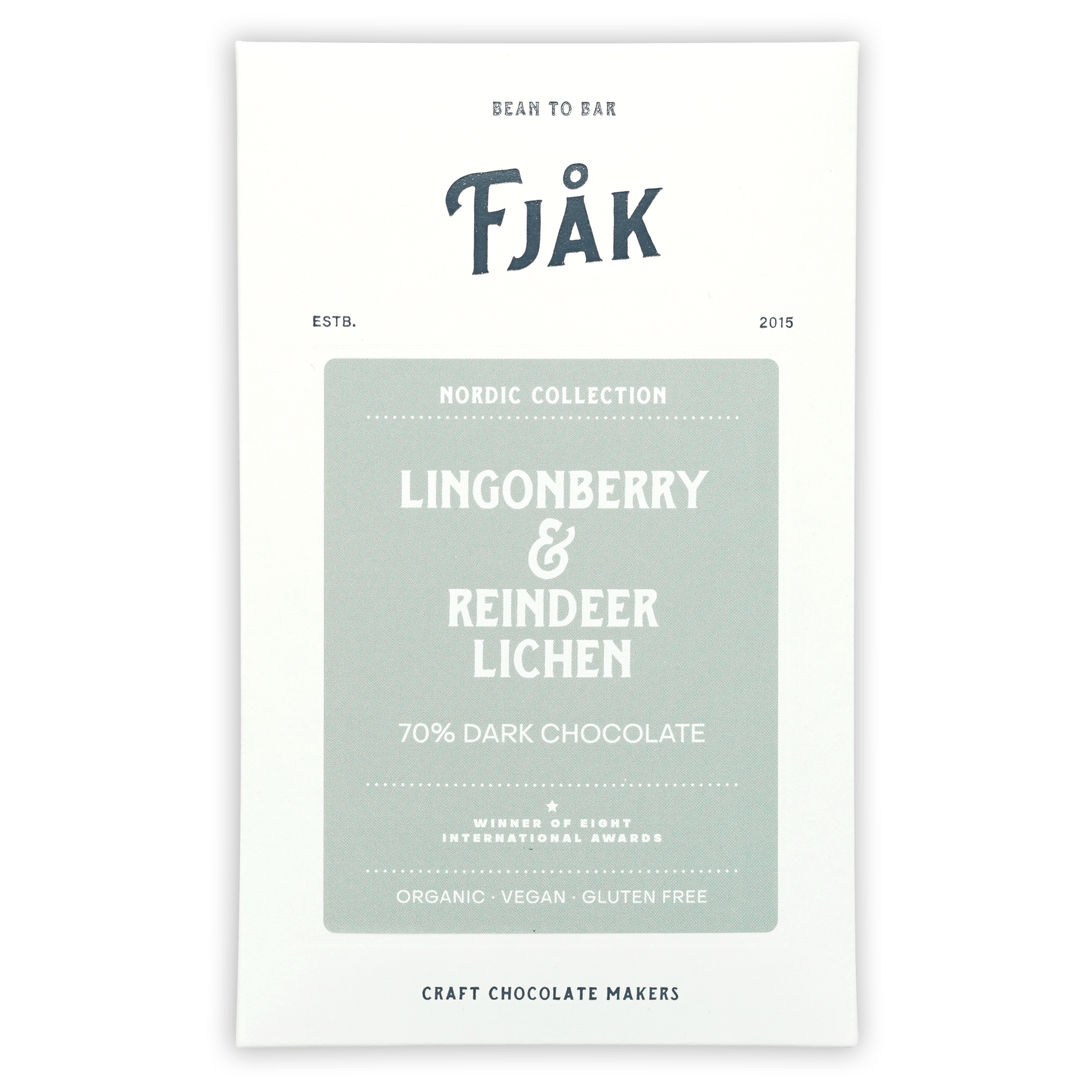 Fjåk Lingonberry & Lichen 70% dark chocolate bar in white wrapper