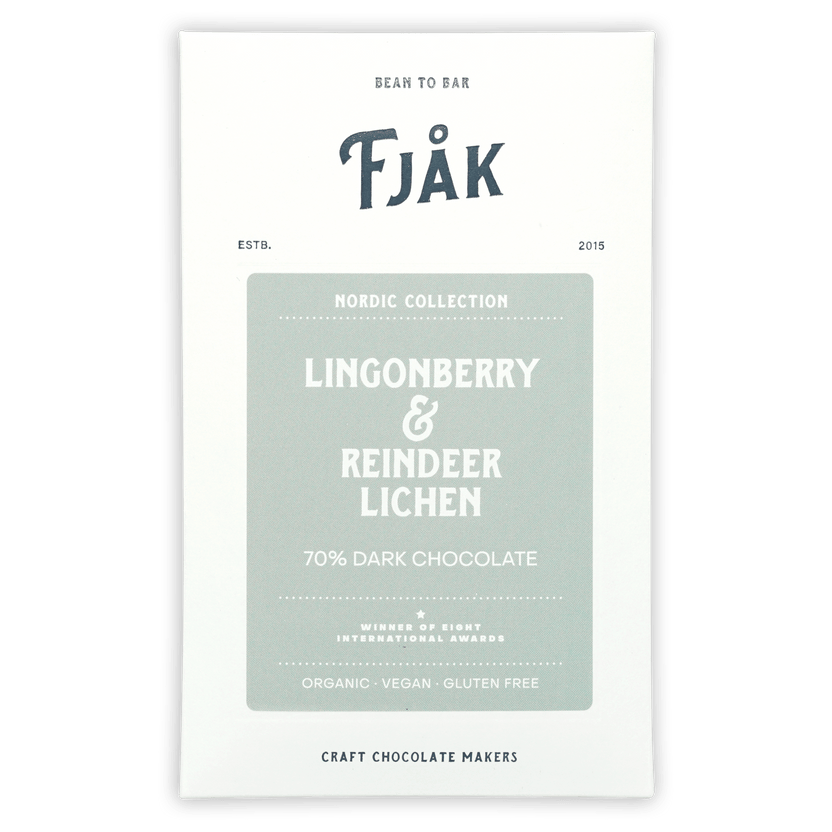 Fjåk Lingonberry & Lichen 70% dark chocolate bar in white wrapper