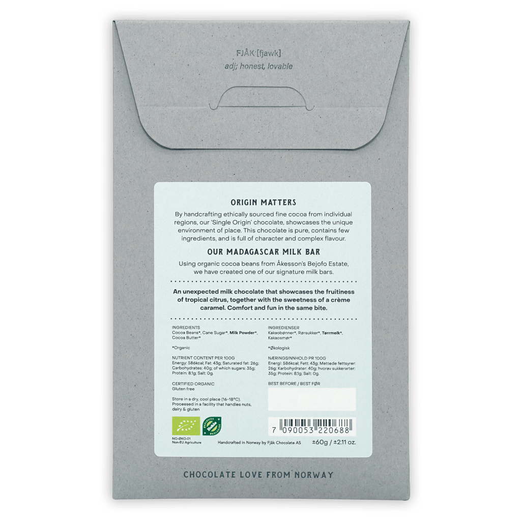 Fjåk Madagascar Milk 50% gray paper-wrapped organic single-origin bar