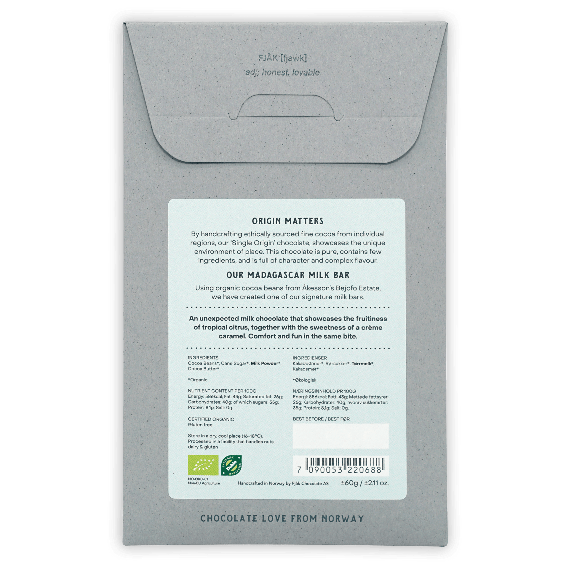 Fjåk Madagascar Milk 50% gray paper-wrapped organic single-origin bar