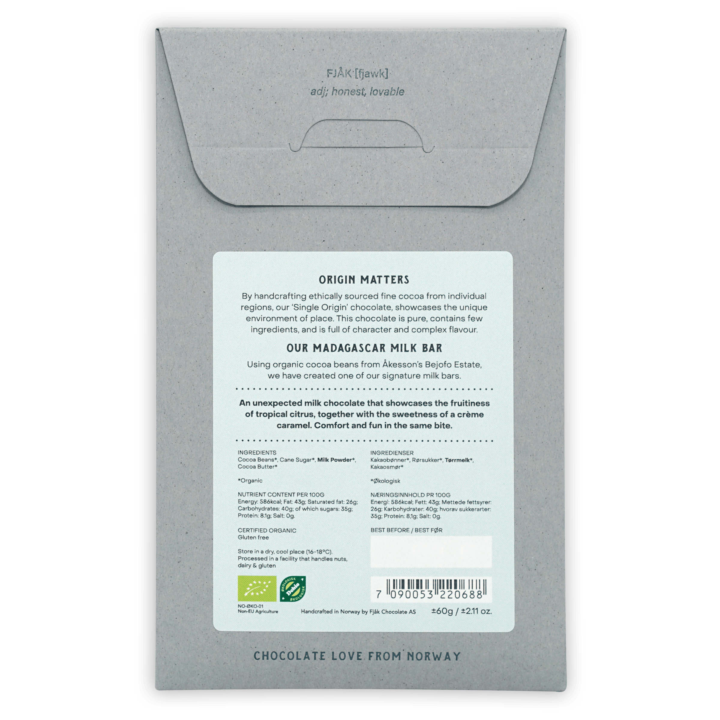 Fjåk Madagascar Milk 50% gray paper-wrapped organic single-origin bar