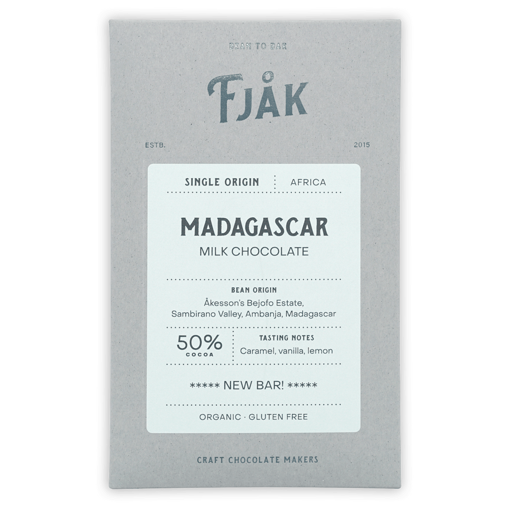 Fjåk Madagascar Milk 50% chocolate bar in gray wrapper