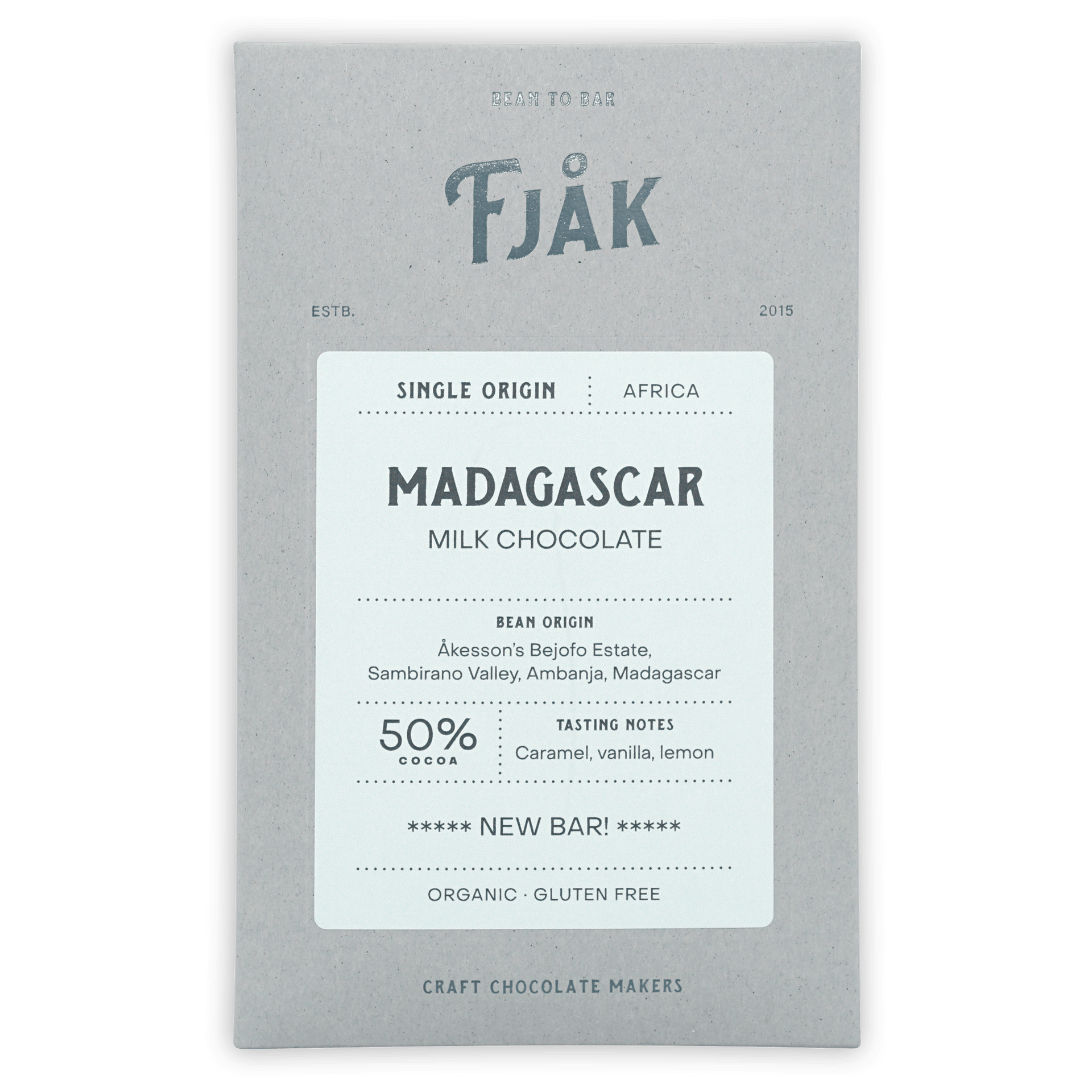 Fjåk Madagascar Milk 50% chocolate bar in gray wrapper