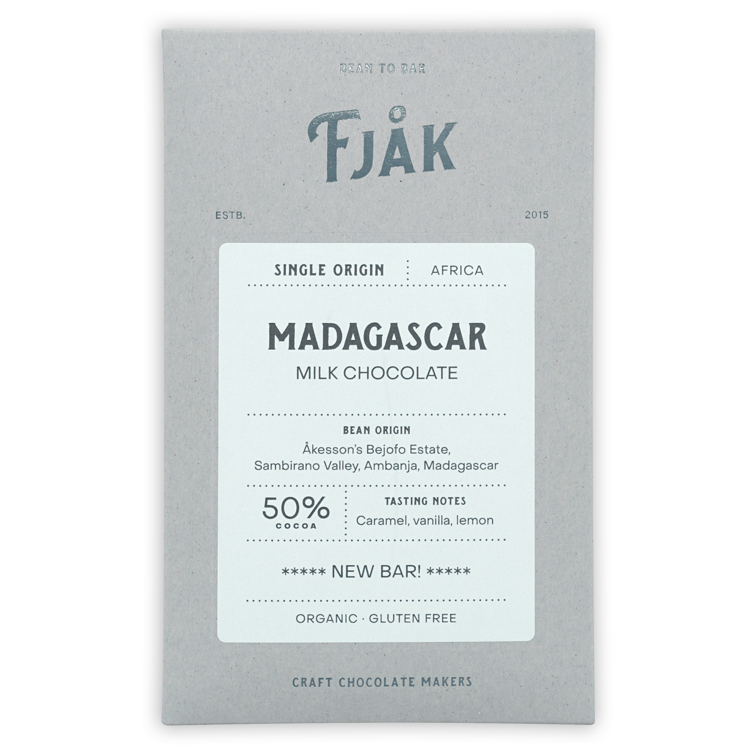 Fjåk Madagascar Milk 50% chocolate bar in gray wrapper