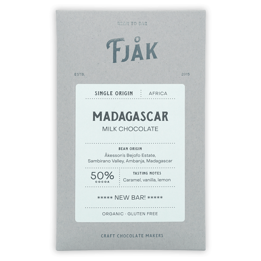 Fjåk Madagascar Milk 50% chocolate bar in gray wrapper