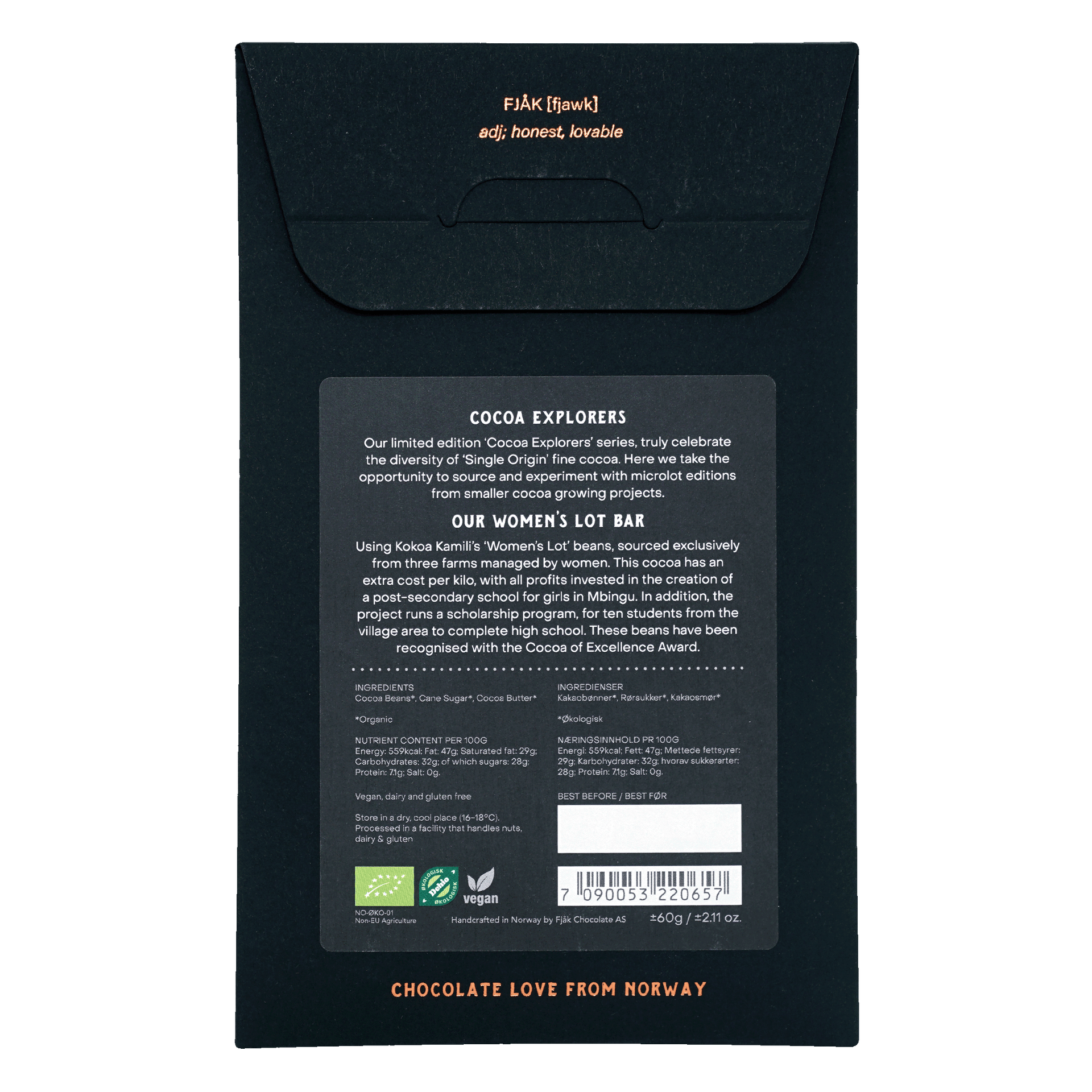 Fjåk Dark Tanzania 70% black matte chocolate bar packaging