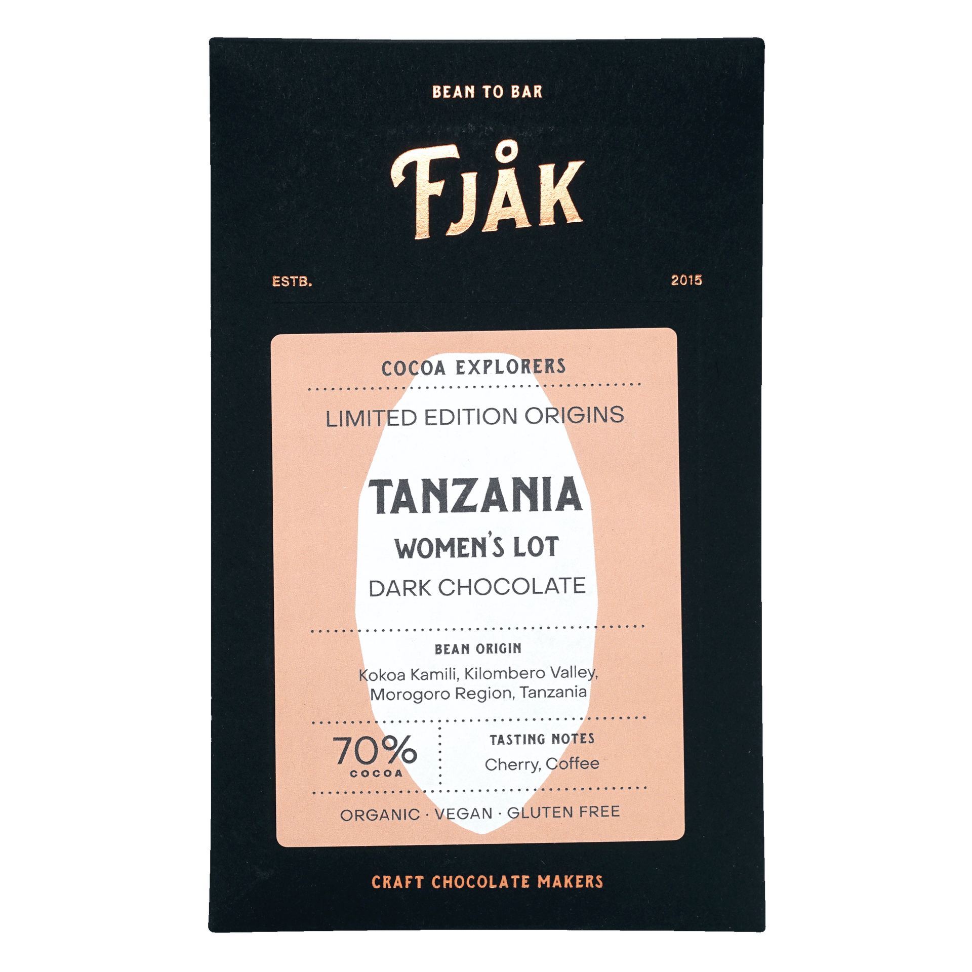 Fjåk Dark Tanzania 70% microlot womens lot dark chocolate bar packaging