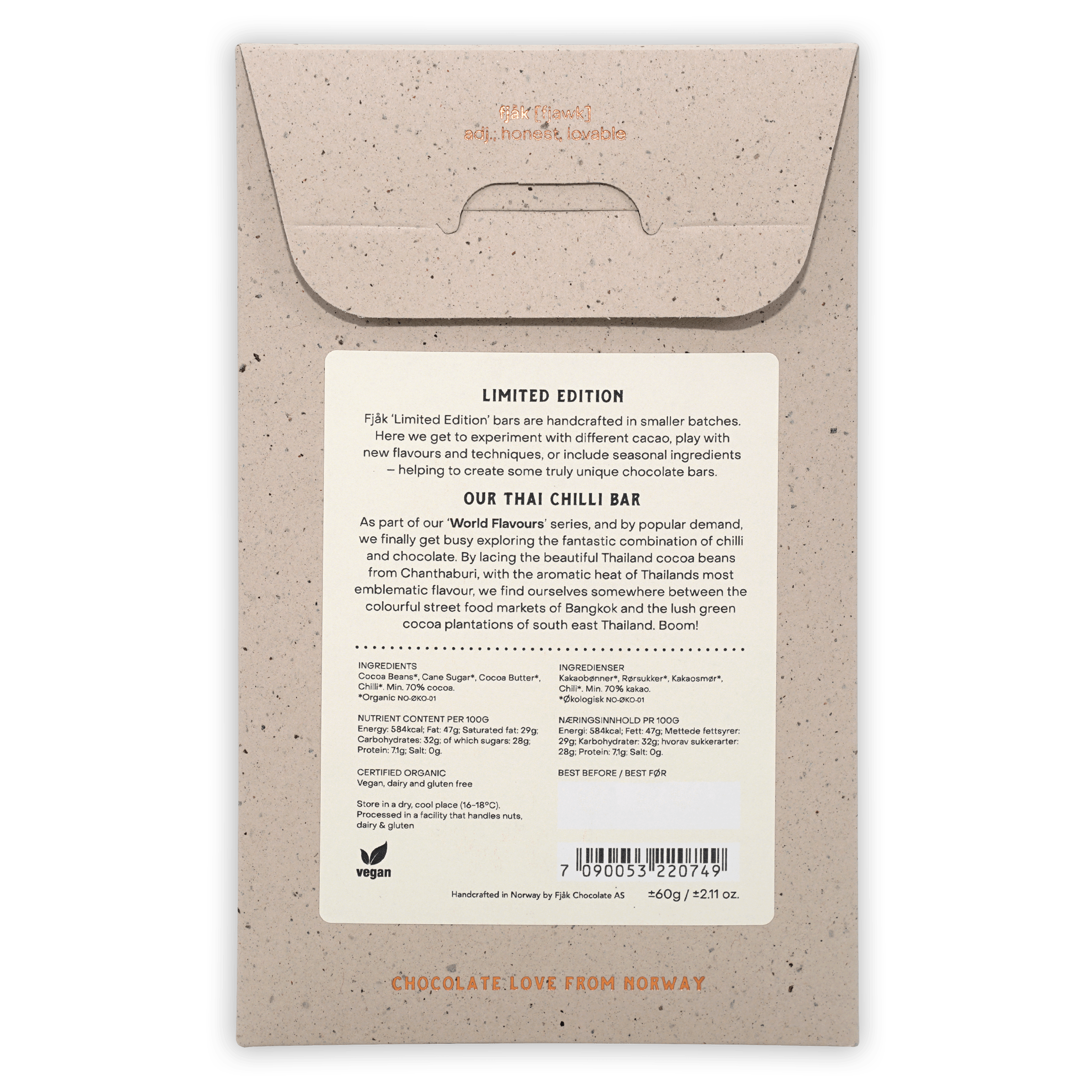 Fjåk Thai Chili Dark Chocolate 70% limited edition wrapper