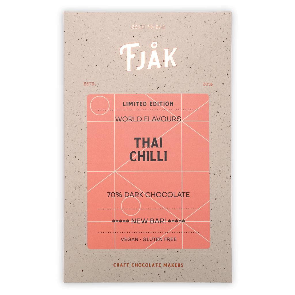 Fjåk Thai Chili 70% dark chocolate bar in speckled beige wrapper