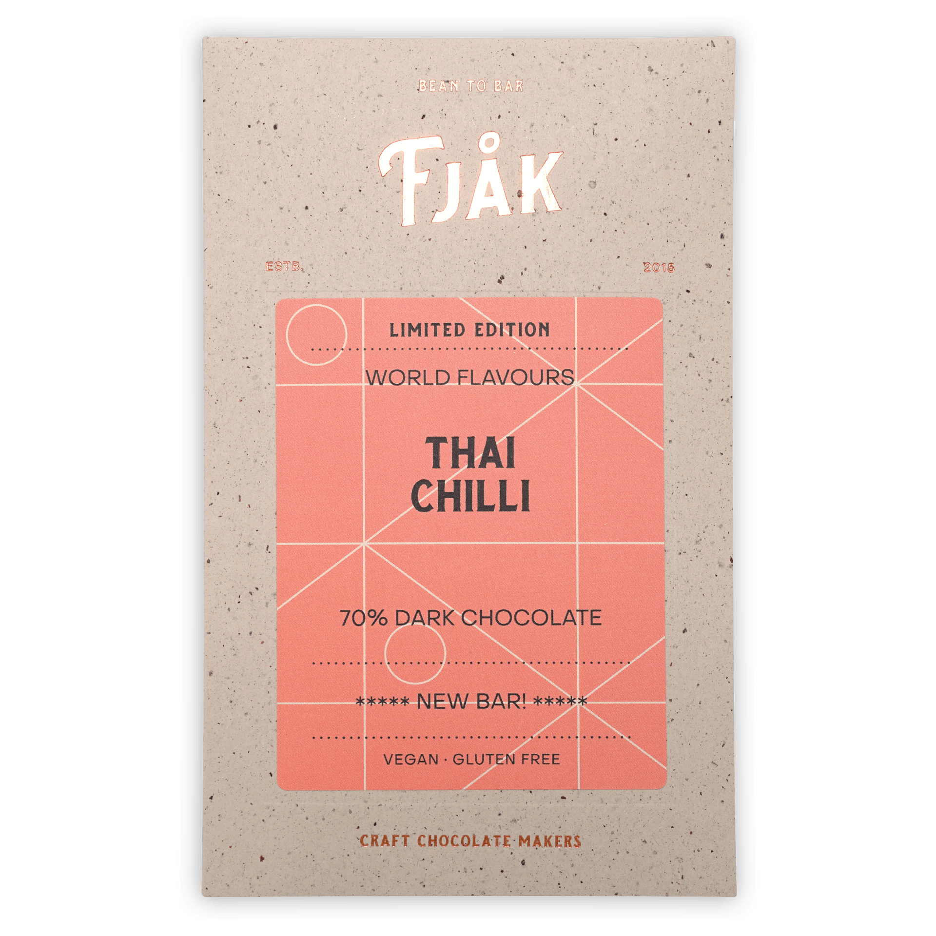 Fjåk Thai Chili 70% dark chocolate bar in speckled beige wrapper