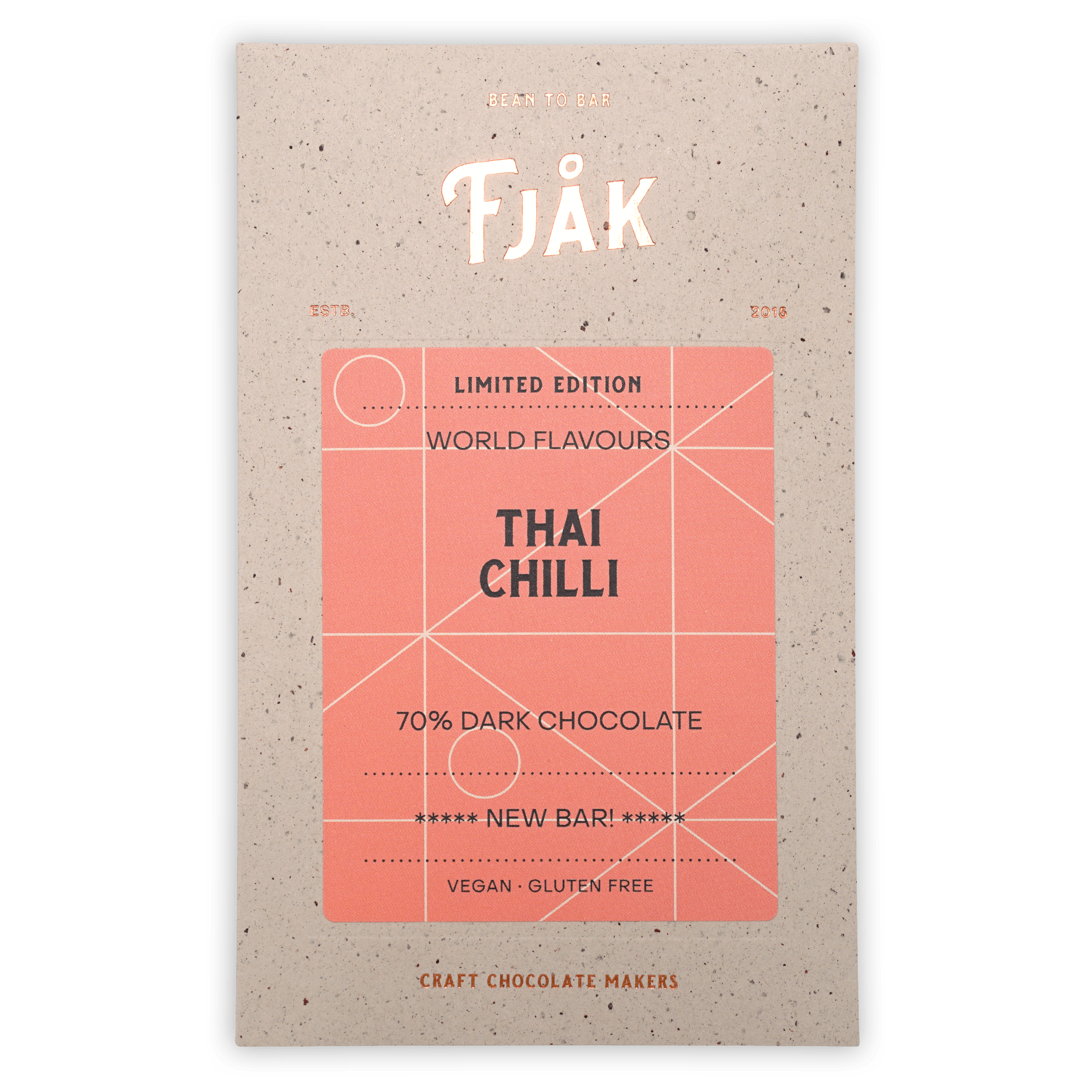 Fjåk Thai Chili 70% dark chocolate bar in speckled beige wrapper