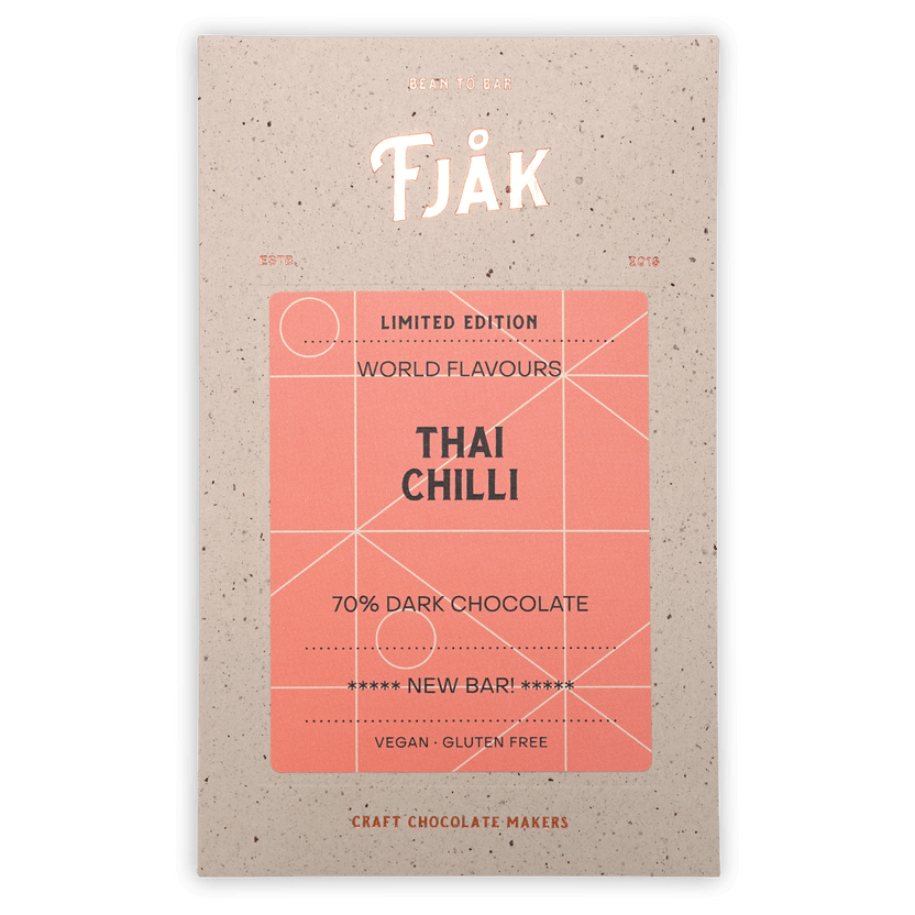 Fjåk Thai Chili 70% dark chocolate bar in speckled beige wrapper