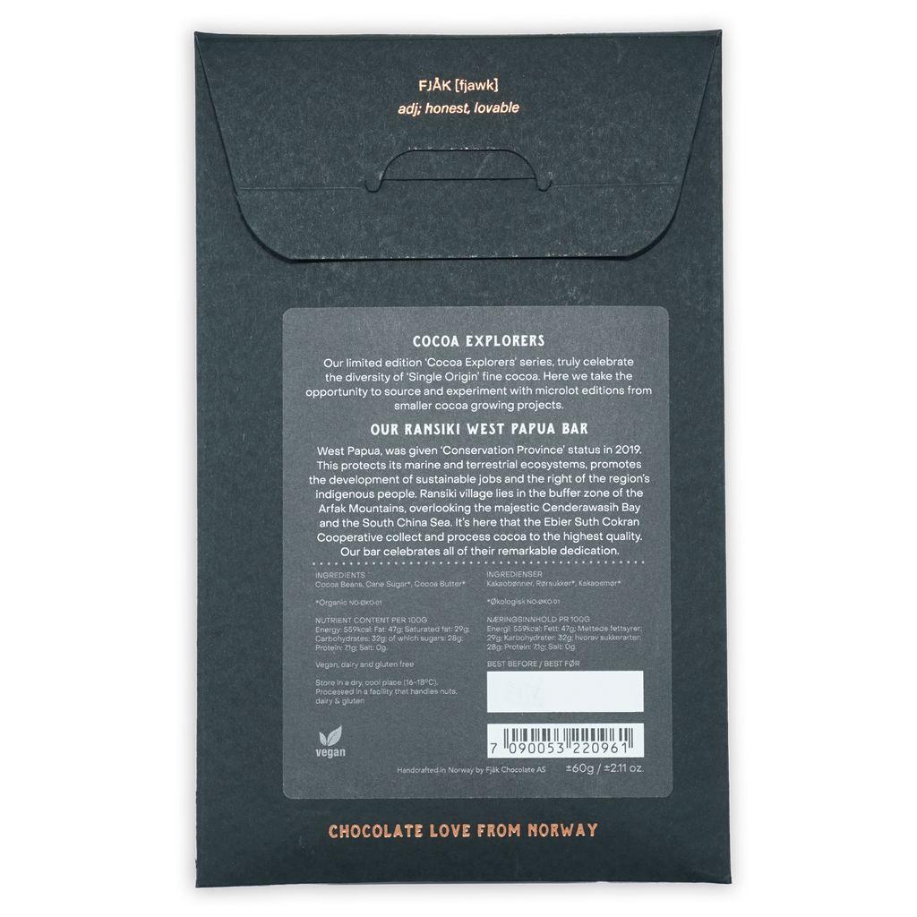 Fjåk Dark West Papua 70% chocolate bar dark green matte packaging with gold foil