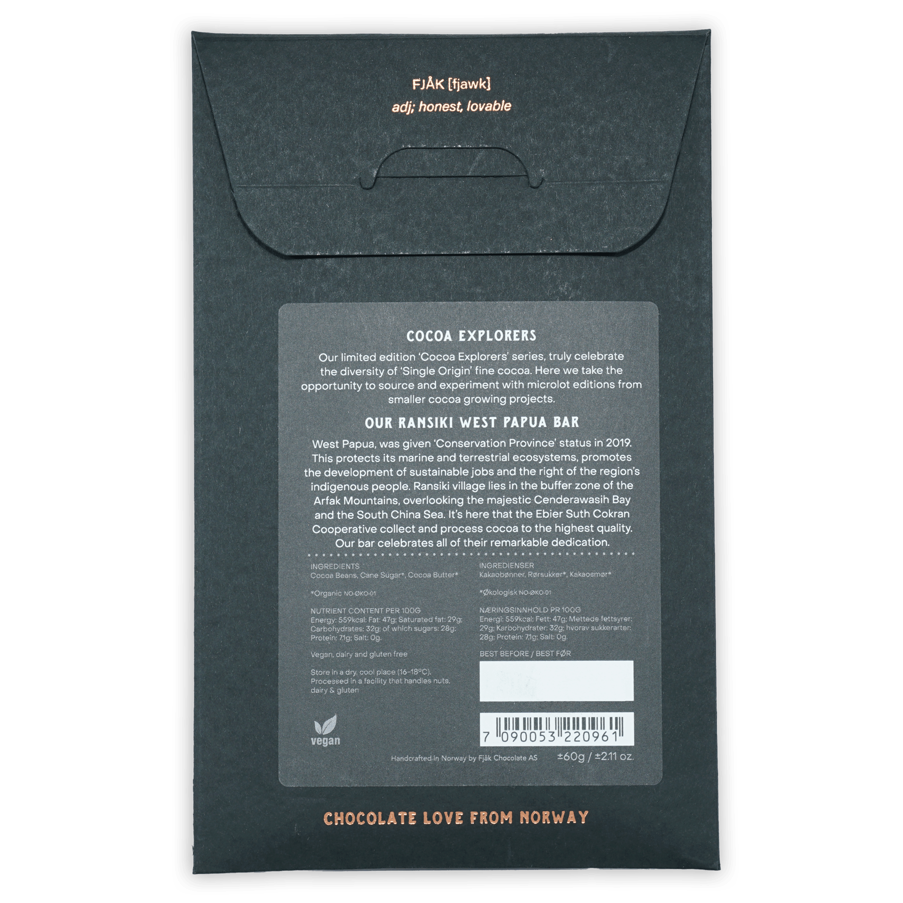 Fjåk Dark West Papua 70% chocolate bar dark green matte packaging with gold foil