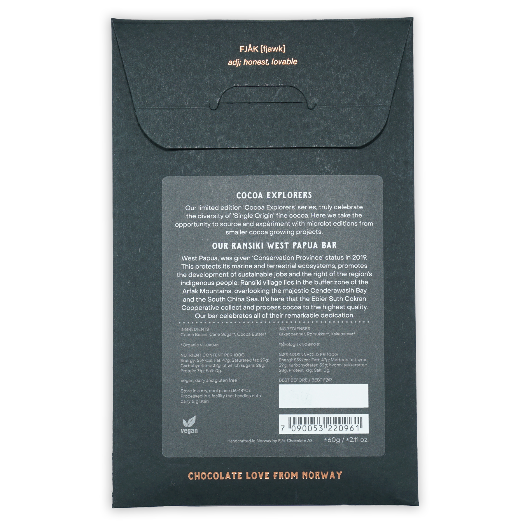 Fjåk Dark West Papua 70% chocolate bar dark green matte packaging with gold foil