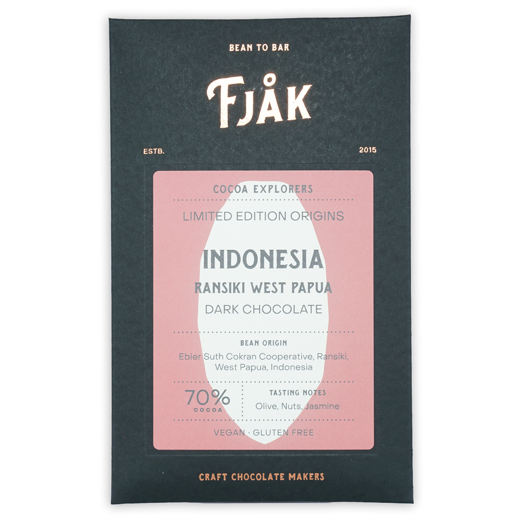 Fjåk Dark West Papua 70% chocolate bar in black pink packaging