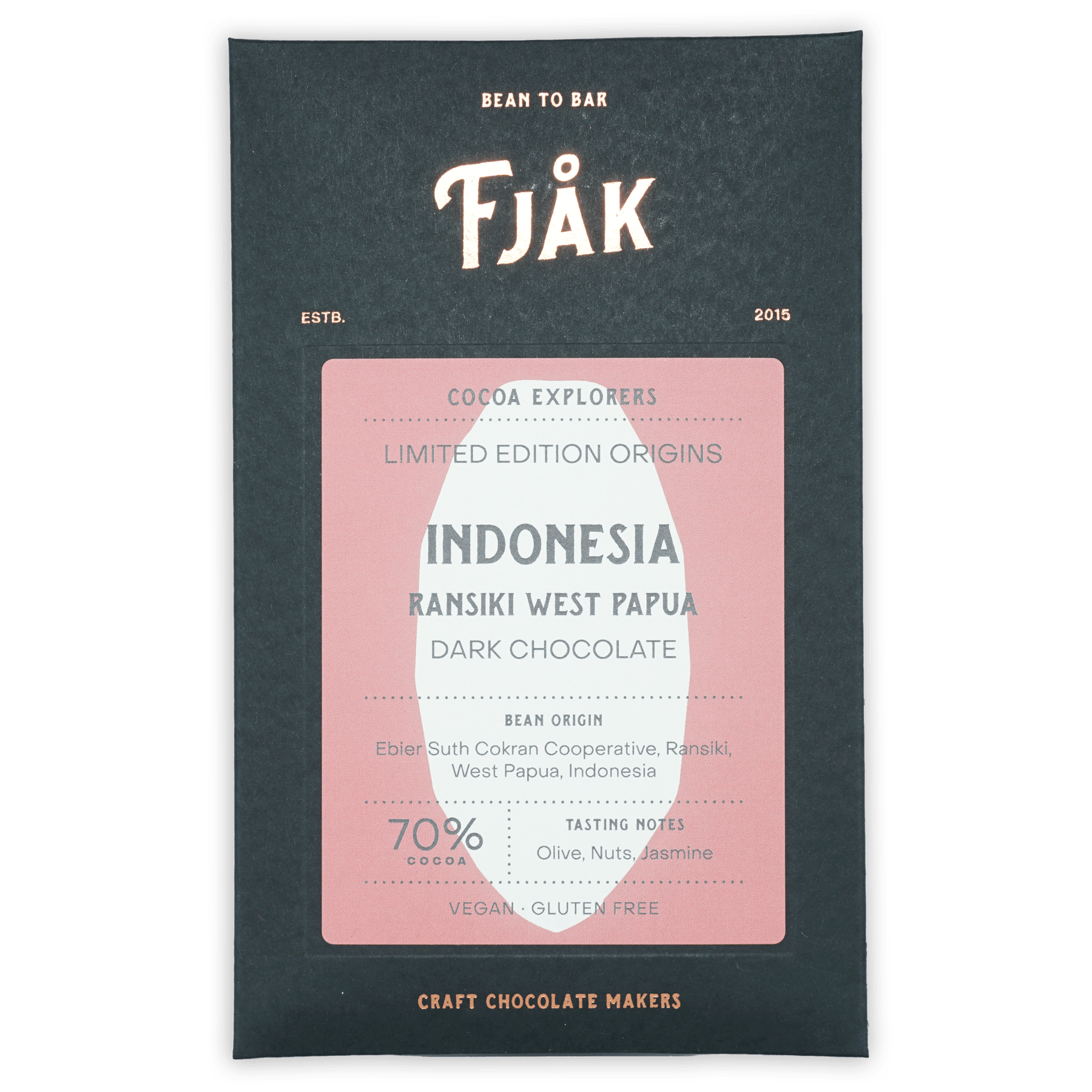 Fjåk Dark West Papua 70% chocolate bar in black pink packaging