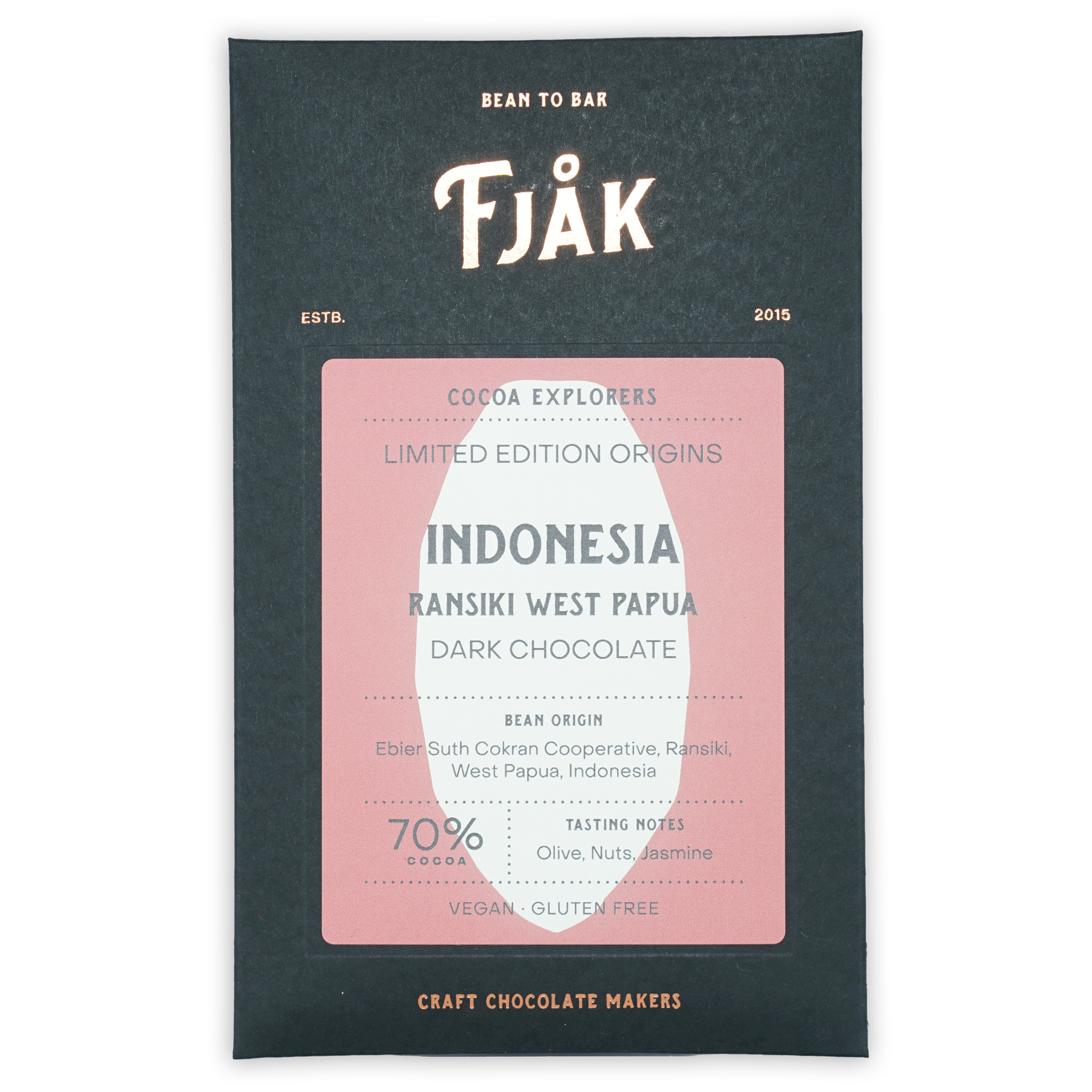 Fjåk Dark West Papua 70% chocolate bar in black pink packaging
