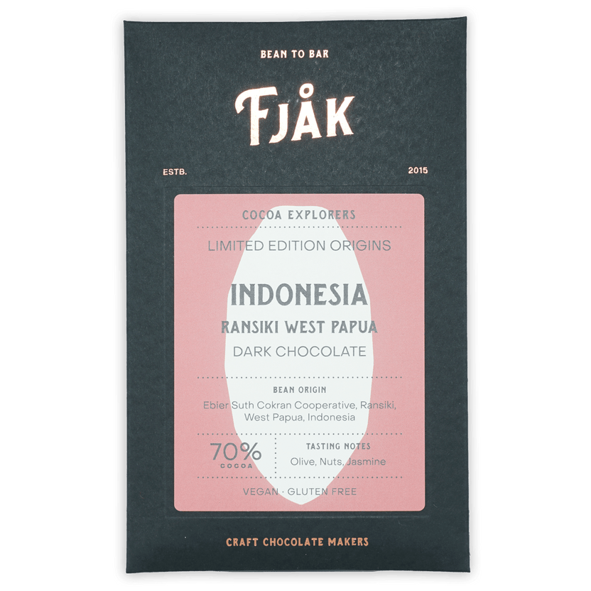 Fjåk Dark West Papua 70% chocolate bar in black pink packaging