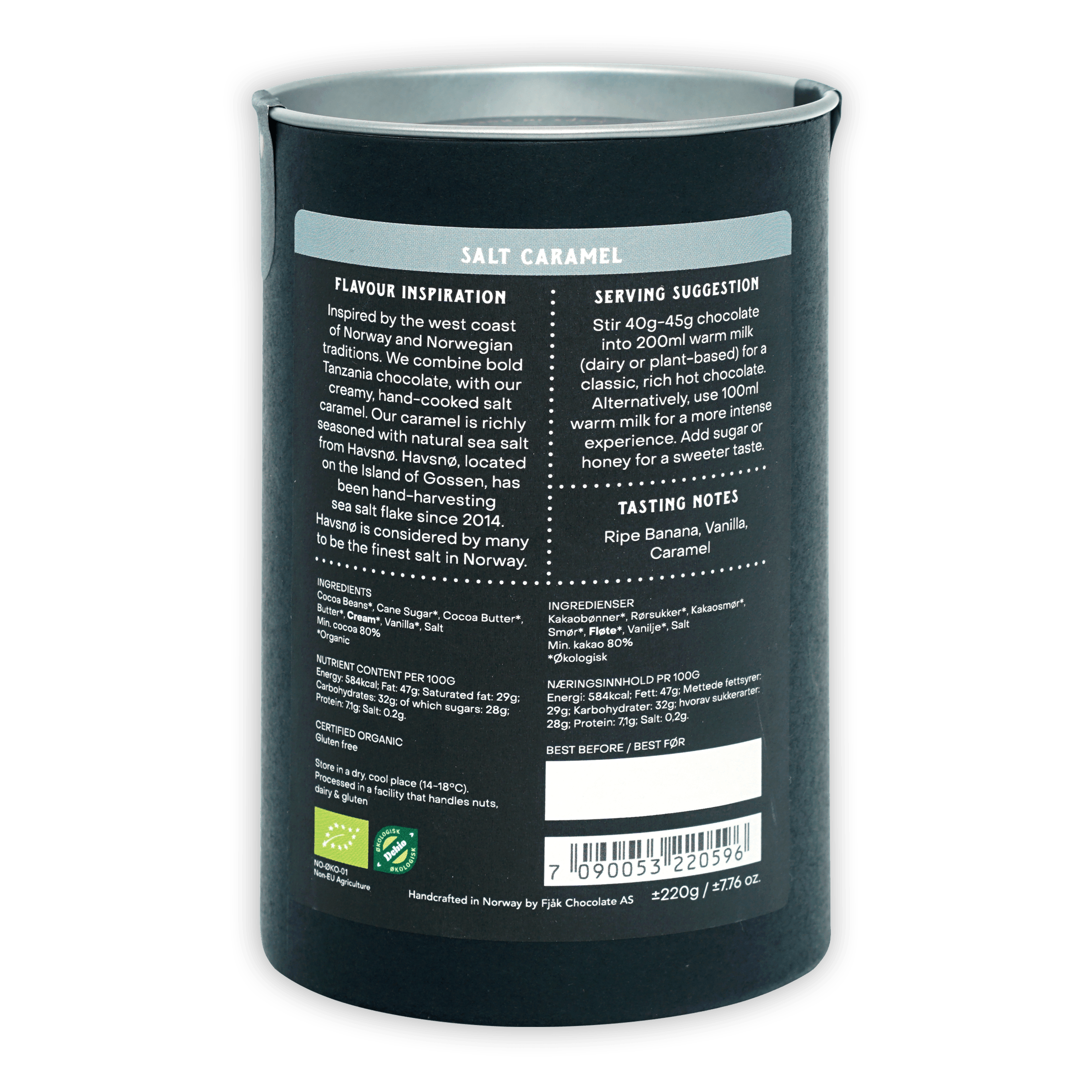 Fjåk Drinking Chocolate Dark Salt Caramel 80% dark gray tin