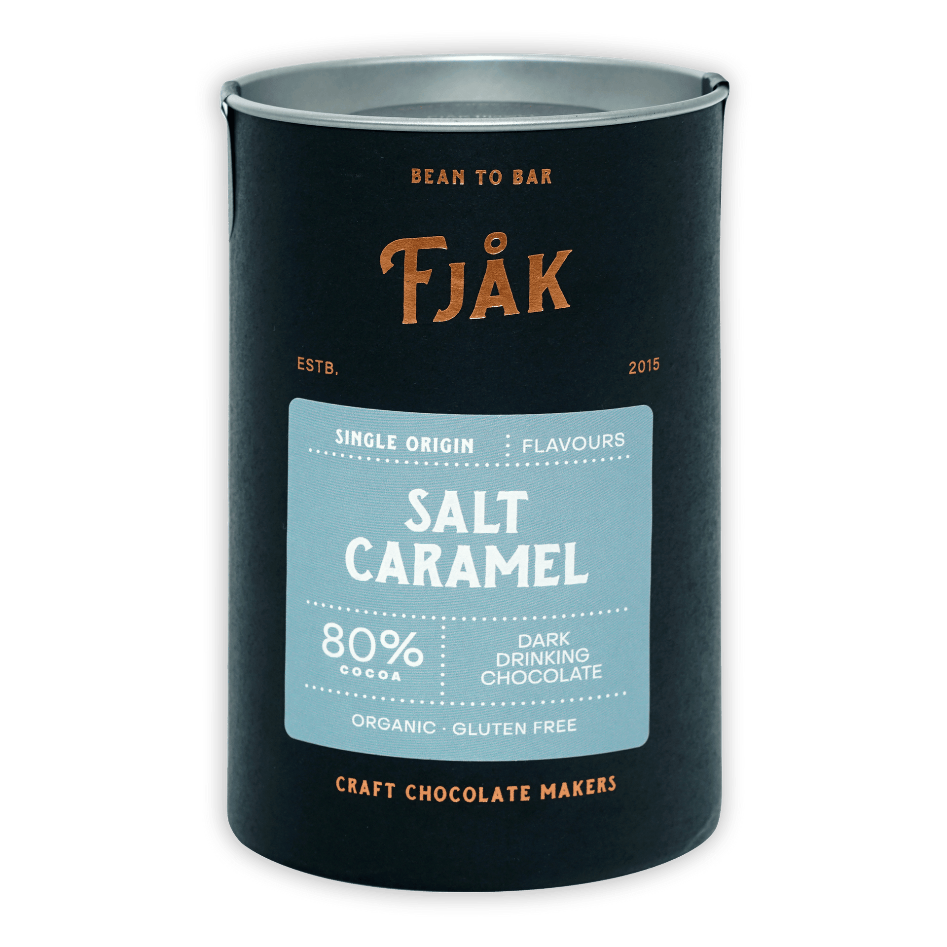 Fjåk salt caramel dark drinking chocolate 80% black tin