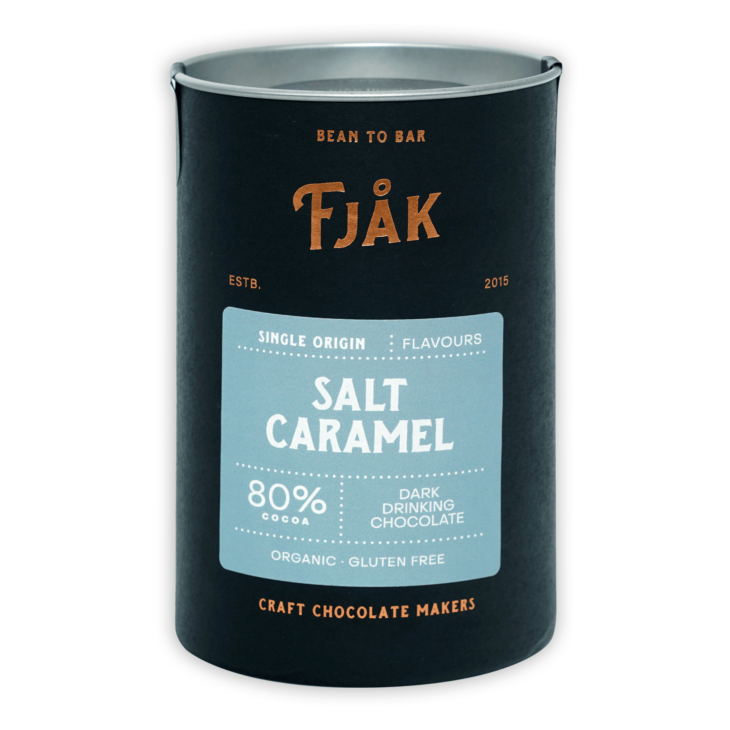 Fjåk salt caramel dark drinking chocolate 80% black tin