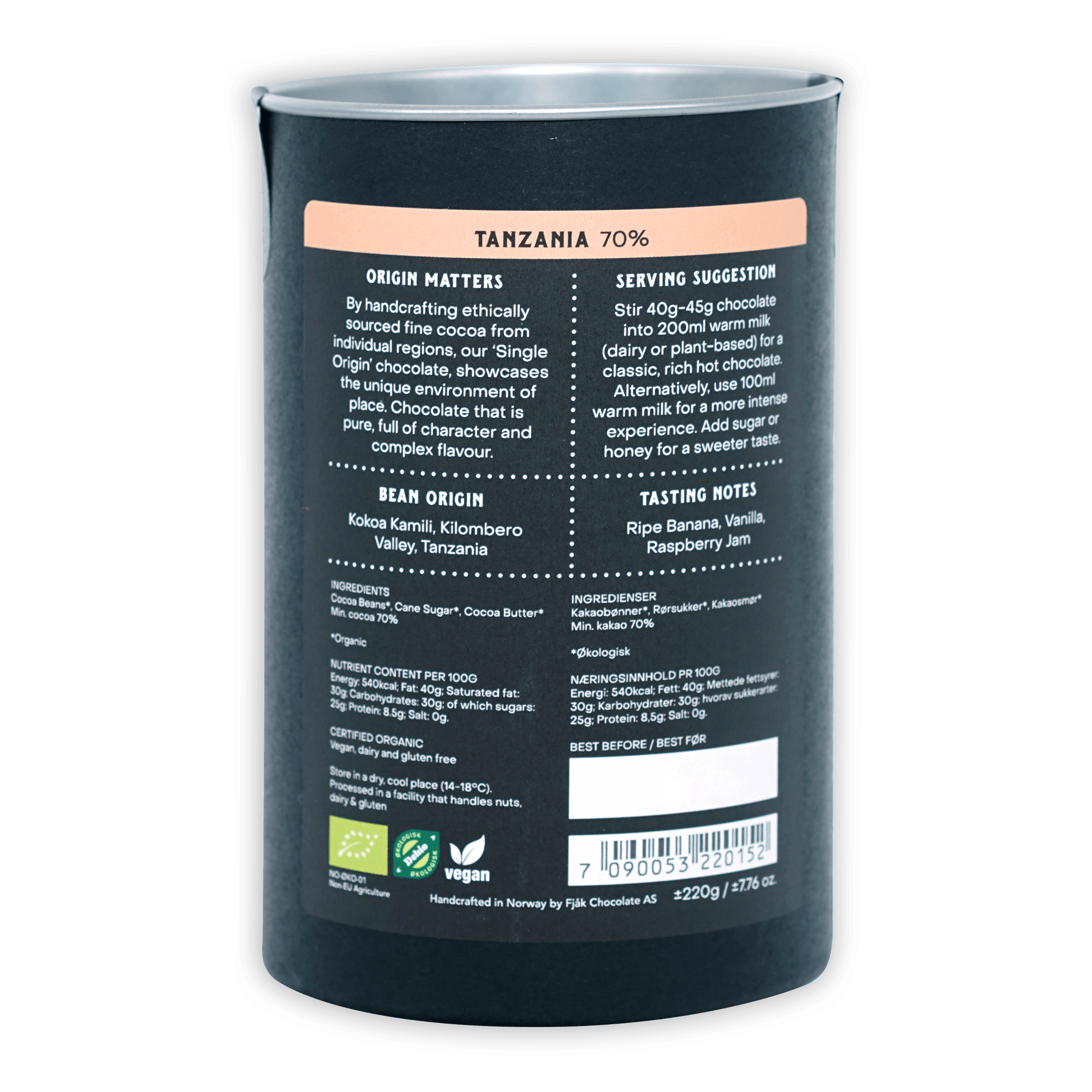 Fjåk Drinking Chocolate Dark Tanzania 70% dark gray cylindrical container