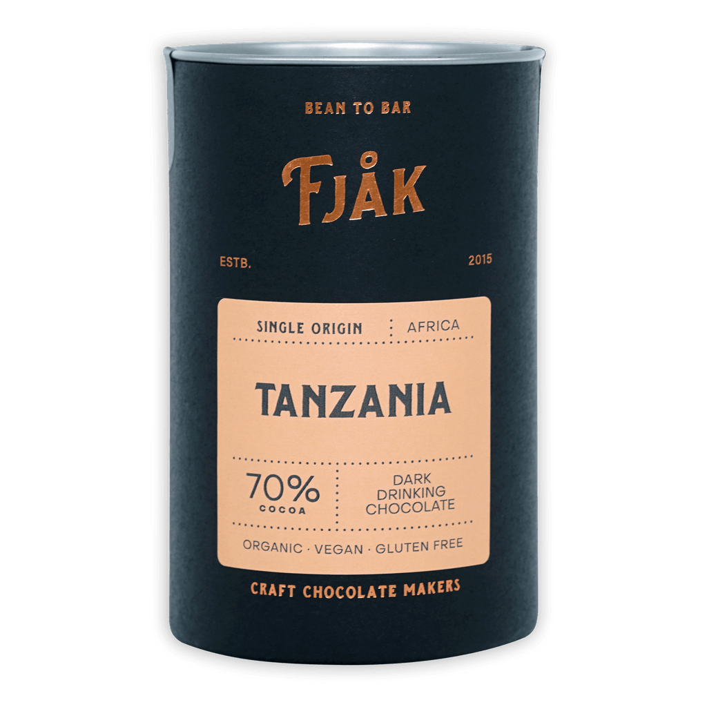 Fjåk Tanzania 70% dark drinking chocolate in sleek dark blue tin