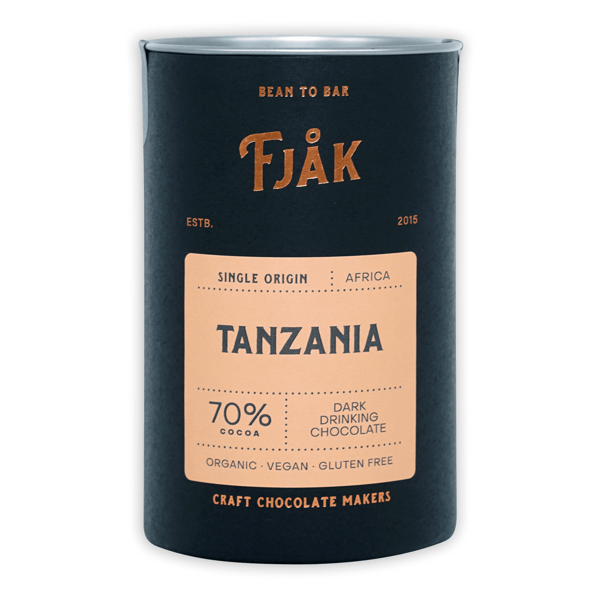 Fjåk Tanzania 70% dark drinking chocolate in sleek dark blue tin