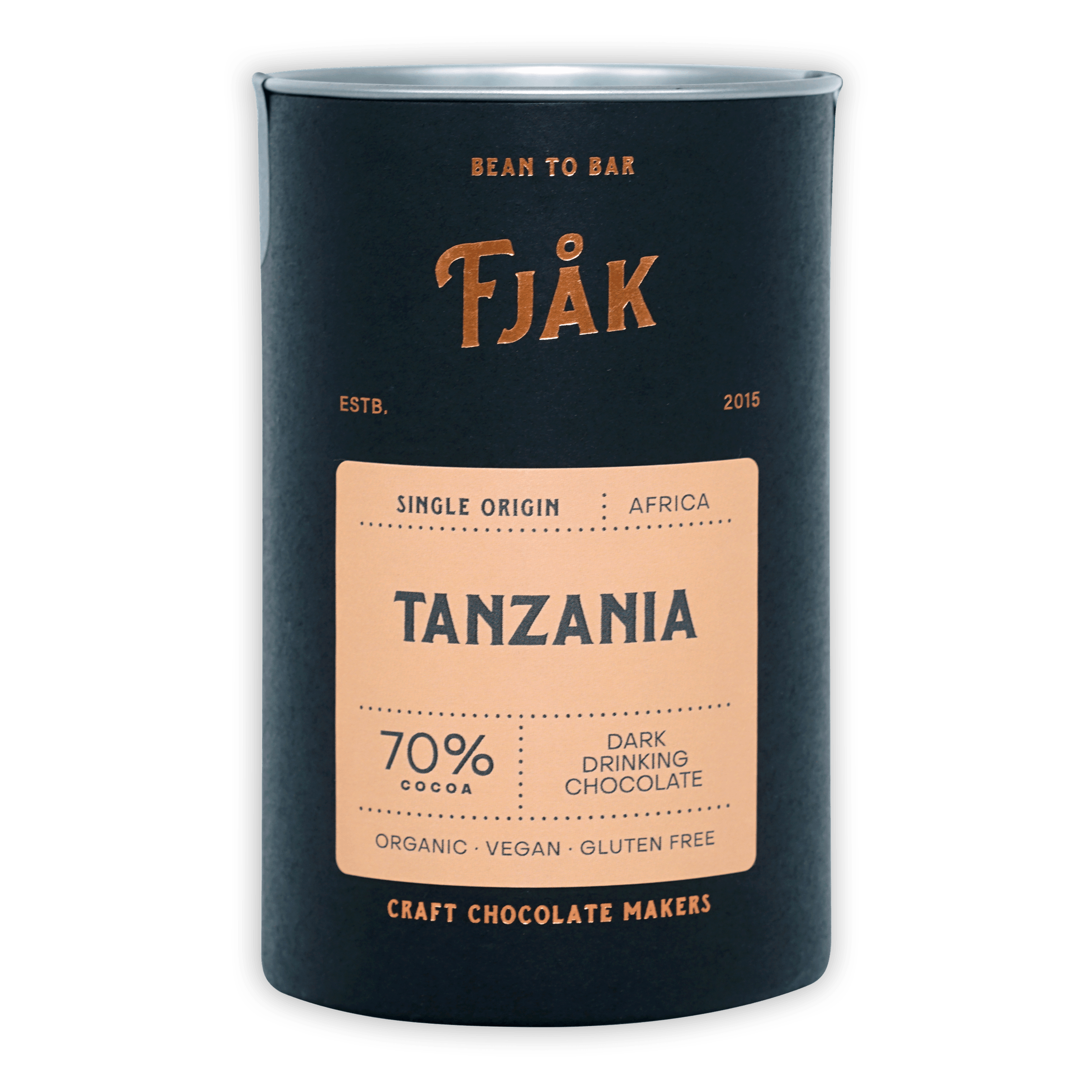 Fjåk Tanzania 70% dark drinking chocolate in sleek dark blue tin