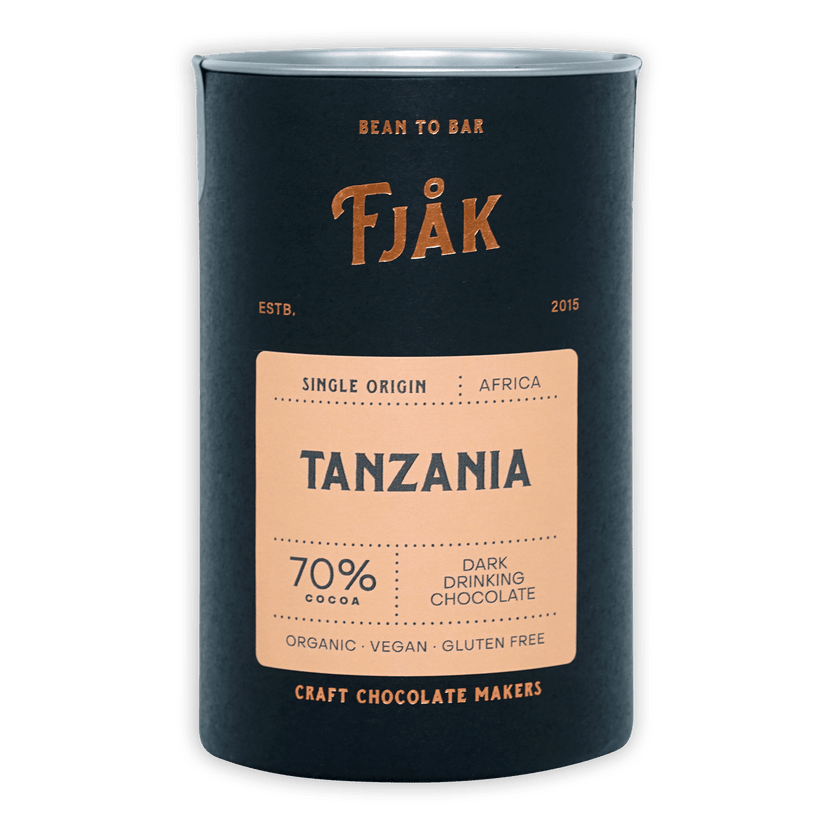 Fjåk Tanzania 70% dark drinking chocolate in sleek dark blue tin