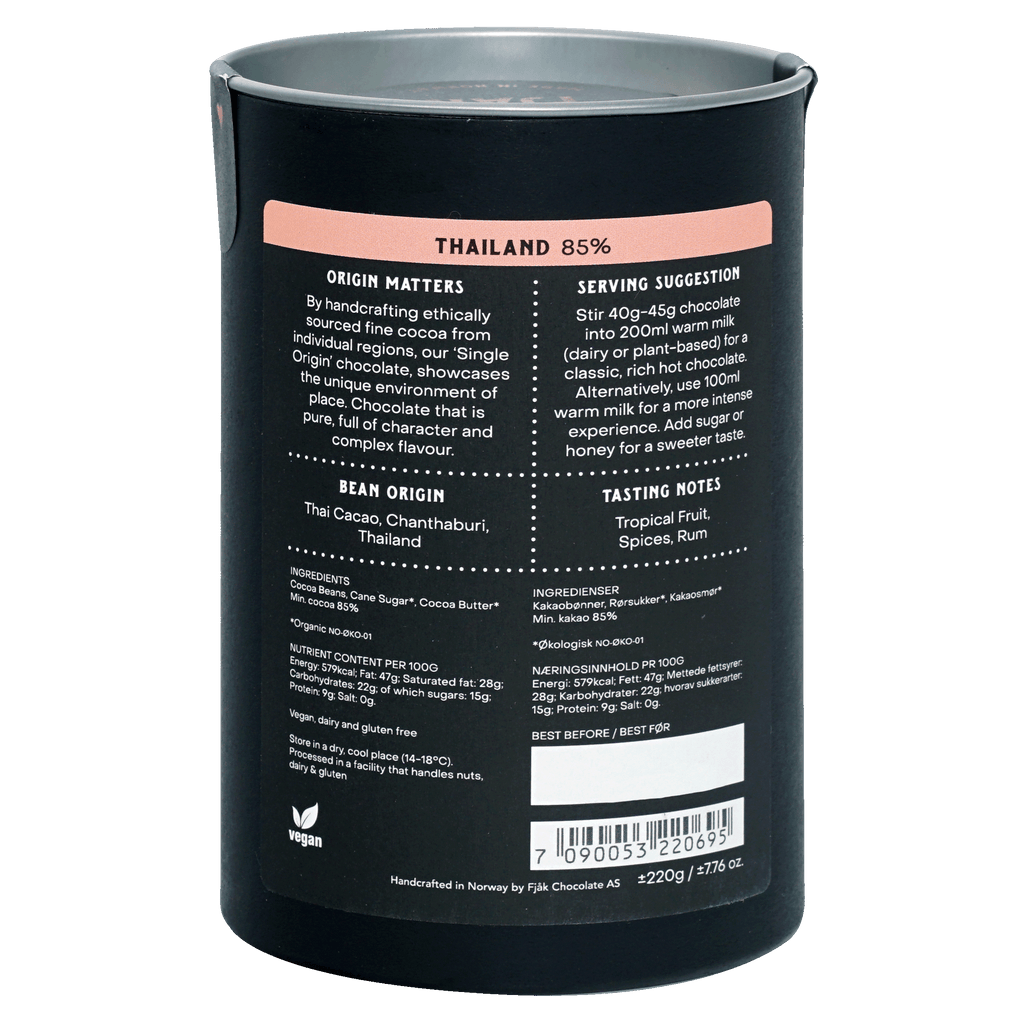 Fjåk Drinking Chocolate Dark Thailand 85% black matte can with pink label