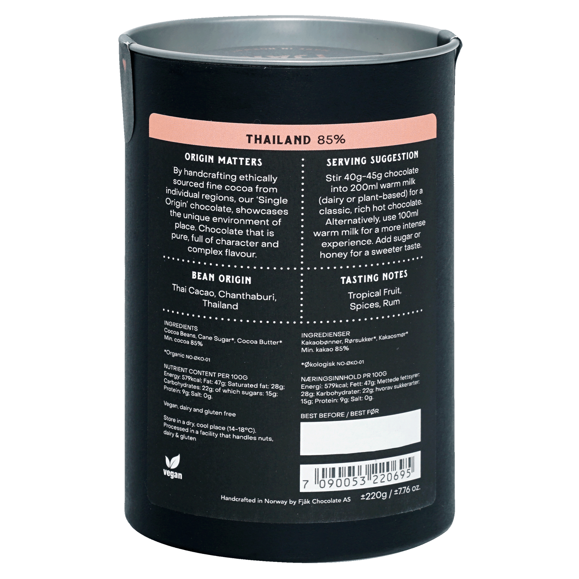 Fjåk Drinking Chocolate Dark Thailand 85% black matte can with pink label