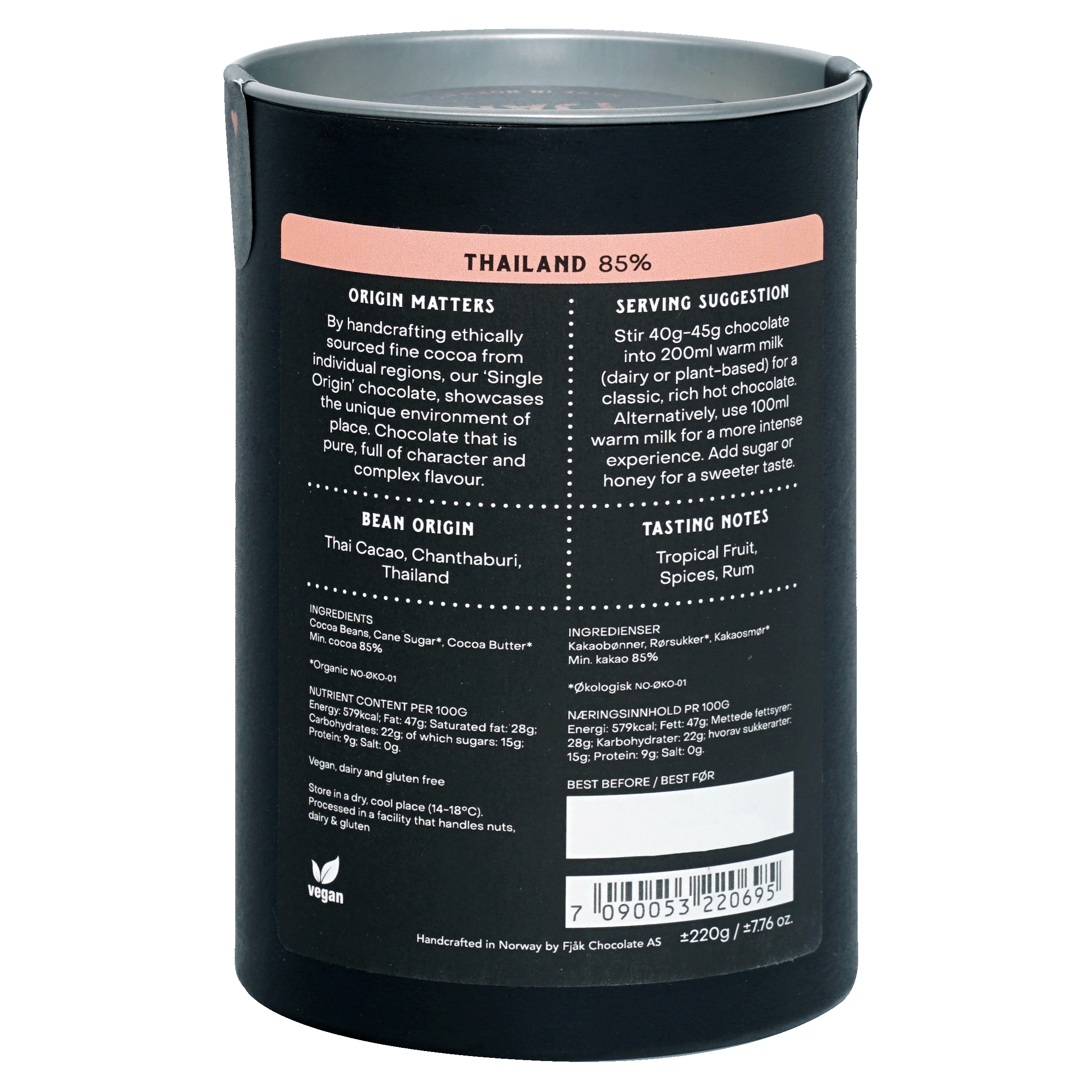 Fjåk Drinking Chocolate Dark Thailand 85% black matte can with pink label