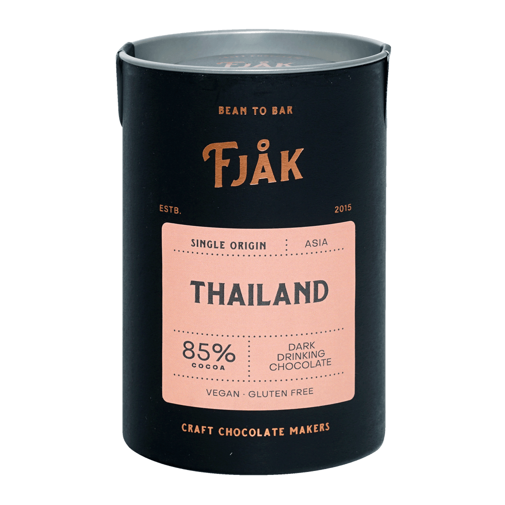 Fjåk 85% dark drinking chocolate from Thailand black tin with pink label