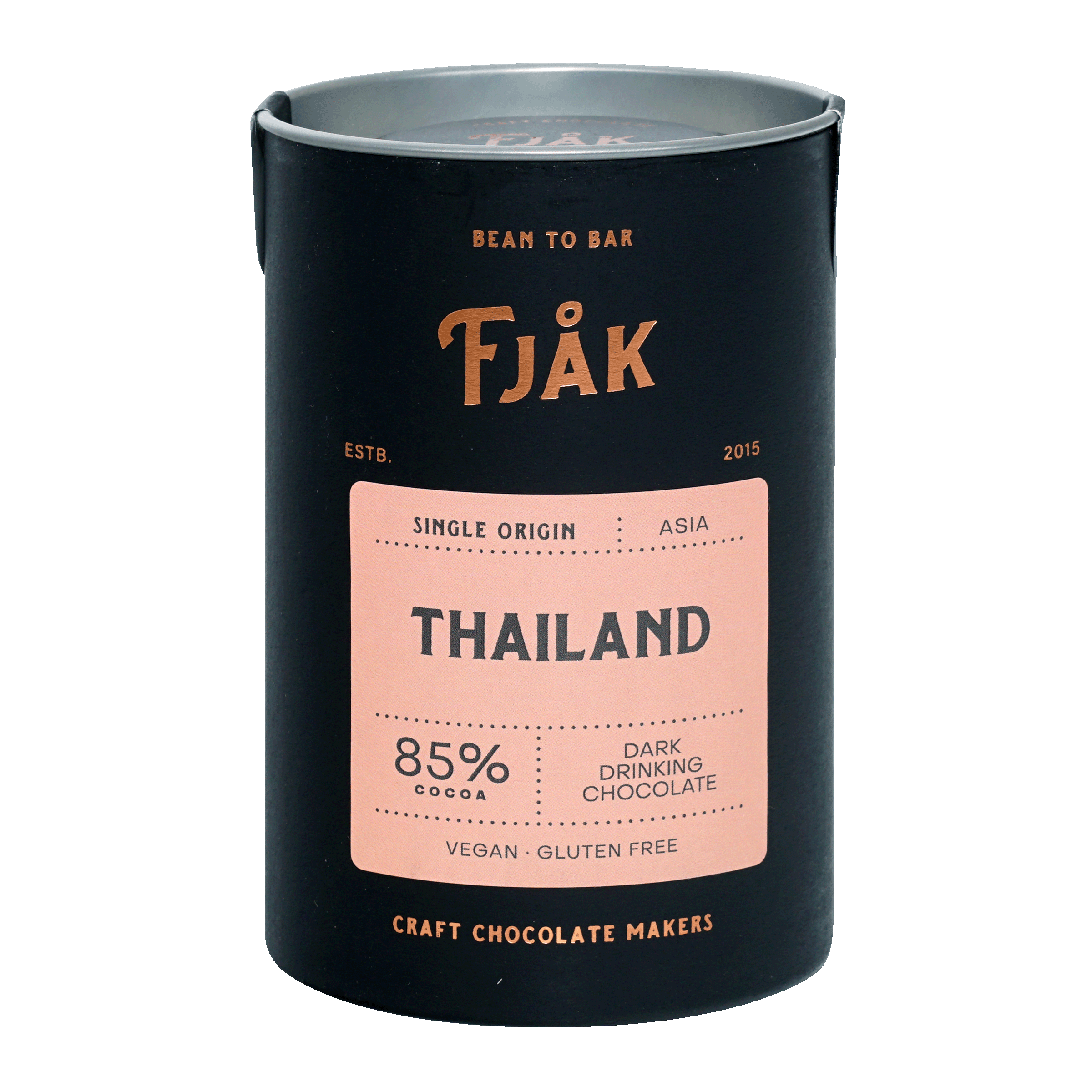 Fjåk 85% dark drinking chocolate from Thailand black tin with pink label