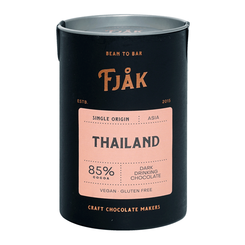 Fjåk 85% dark drinking chocolate from Thailand black tin with pink label