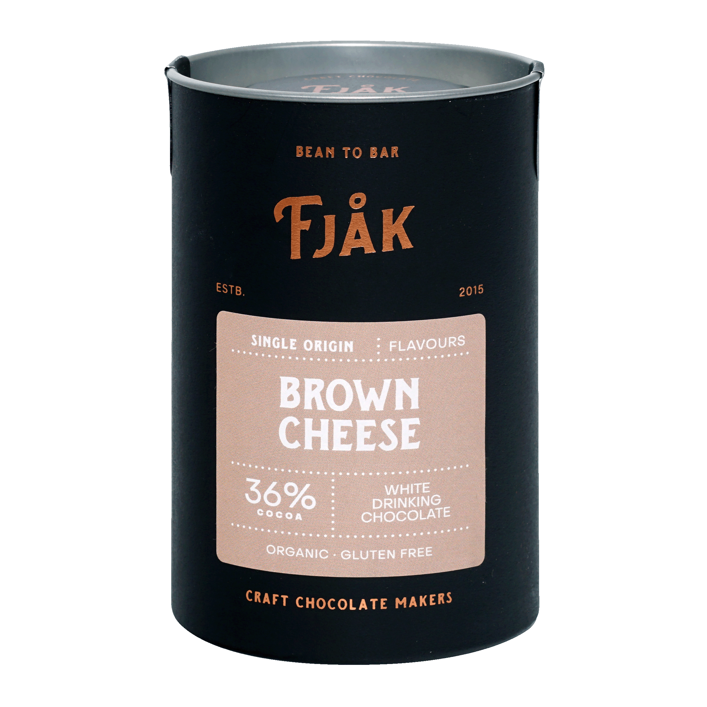 Fjåk brown cheese chocolate tin, 36% cocoa, matte black with copper branding