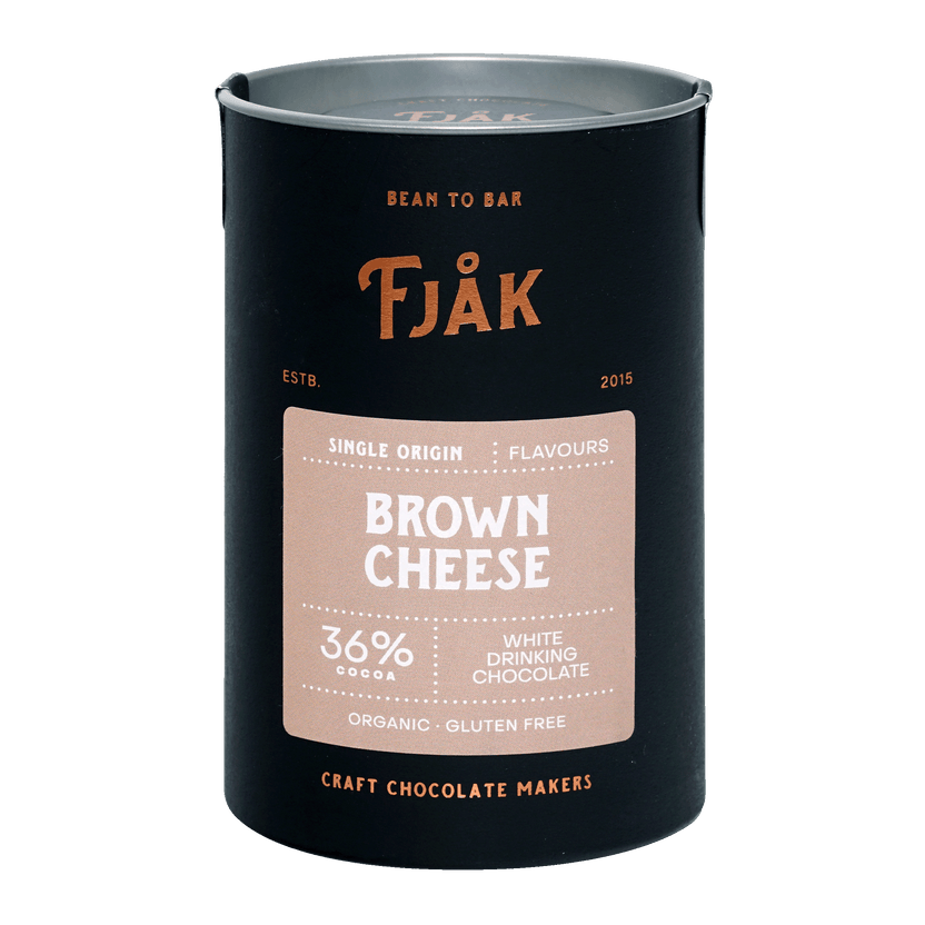 Fjåk brown cheese chocolate tin, 36% cocoa, matte black with copper branding