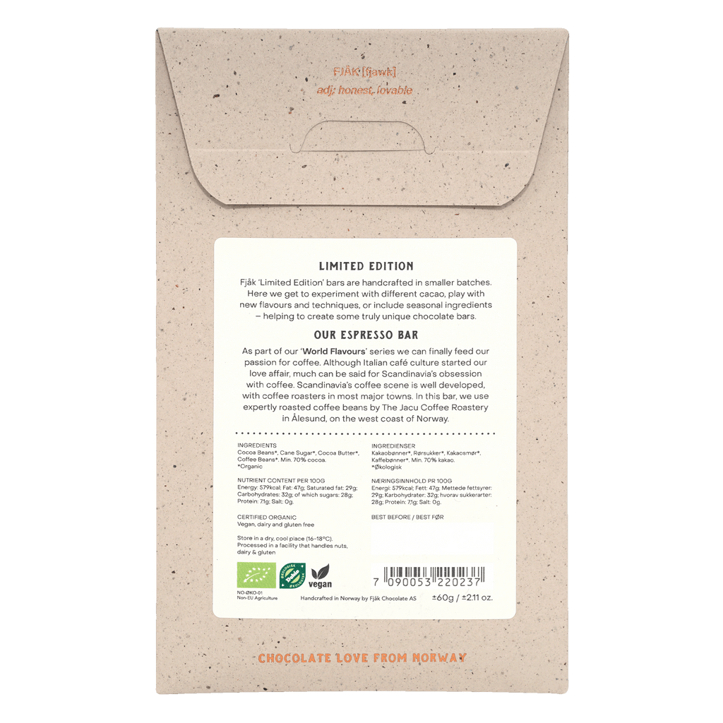 Fjåk Espresso Dark Chocolate 70% limited edition beige wrapper